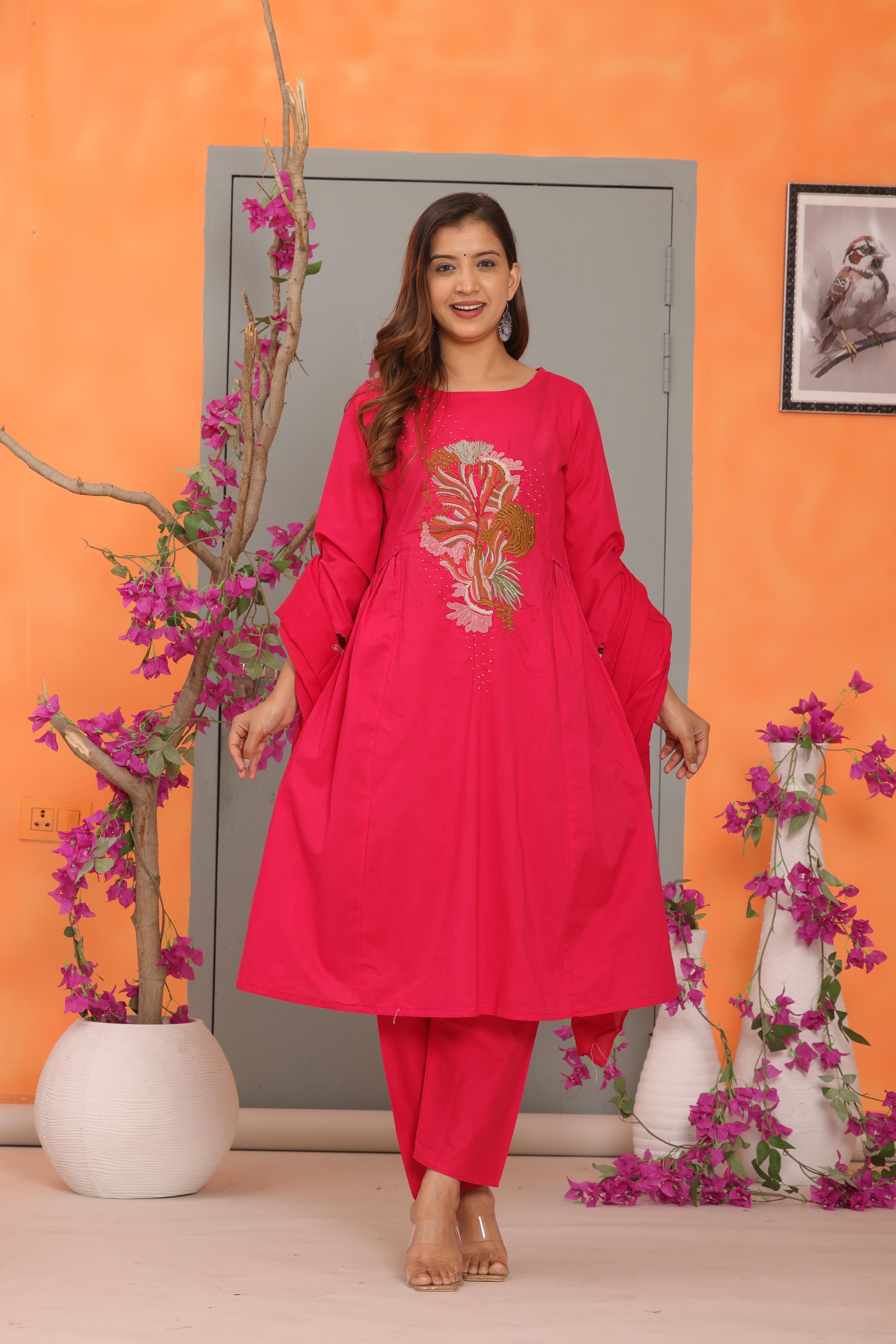 Red Embroidered Cotton Kurta and Pant Set with Dupatta