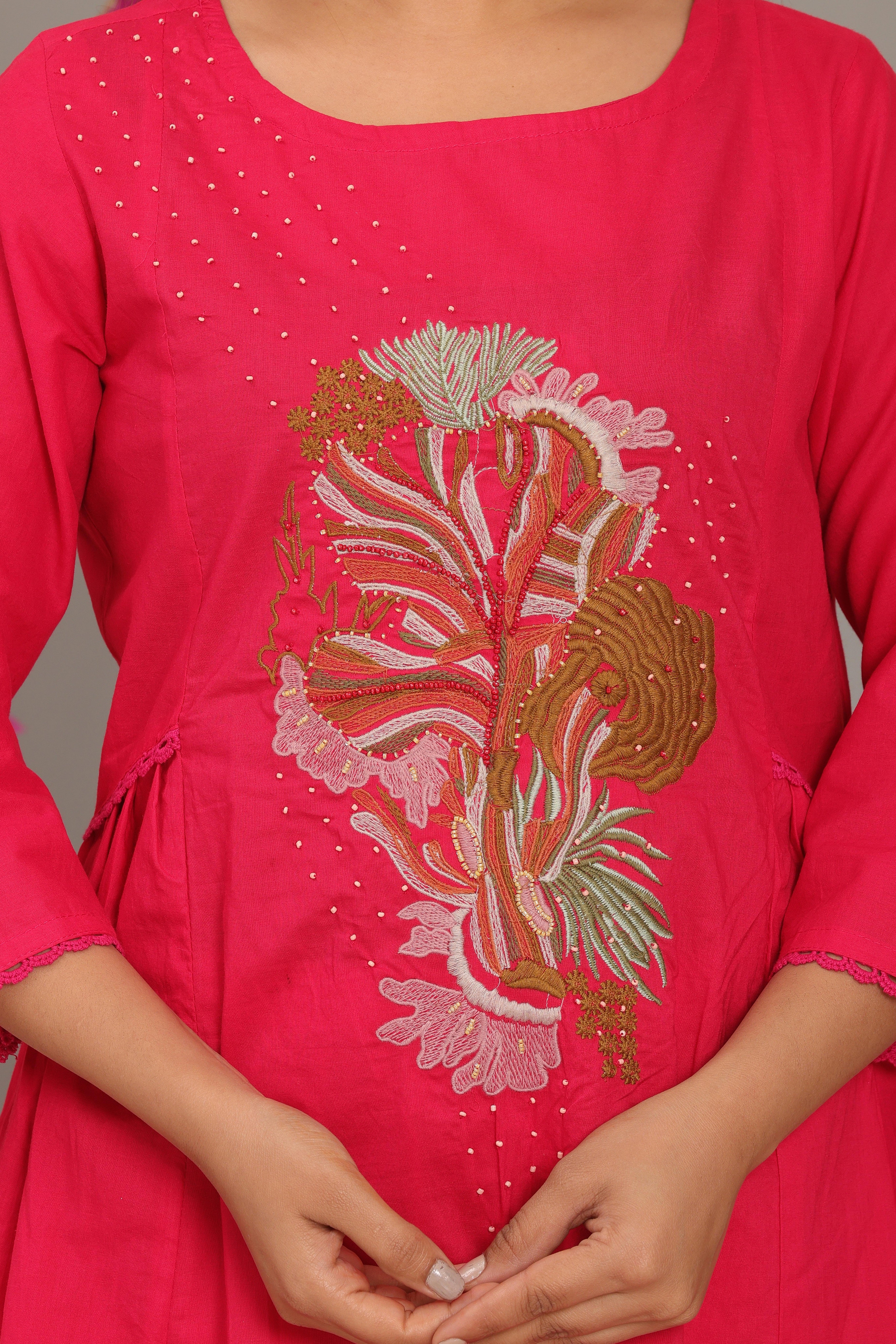 Red Embroidered Cotton Kurta and Pant Set with Dupatta