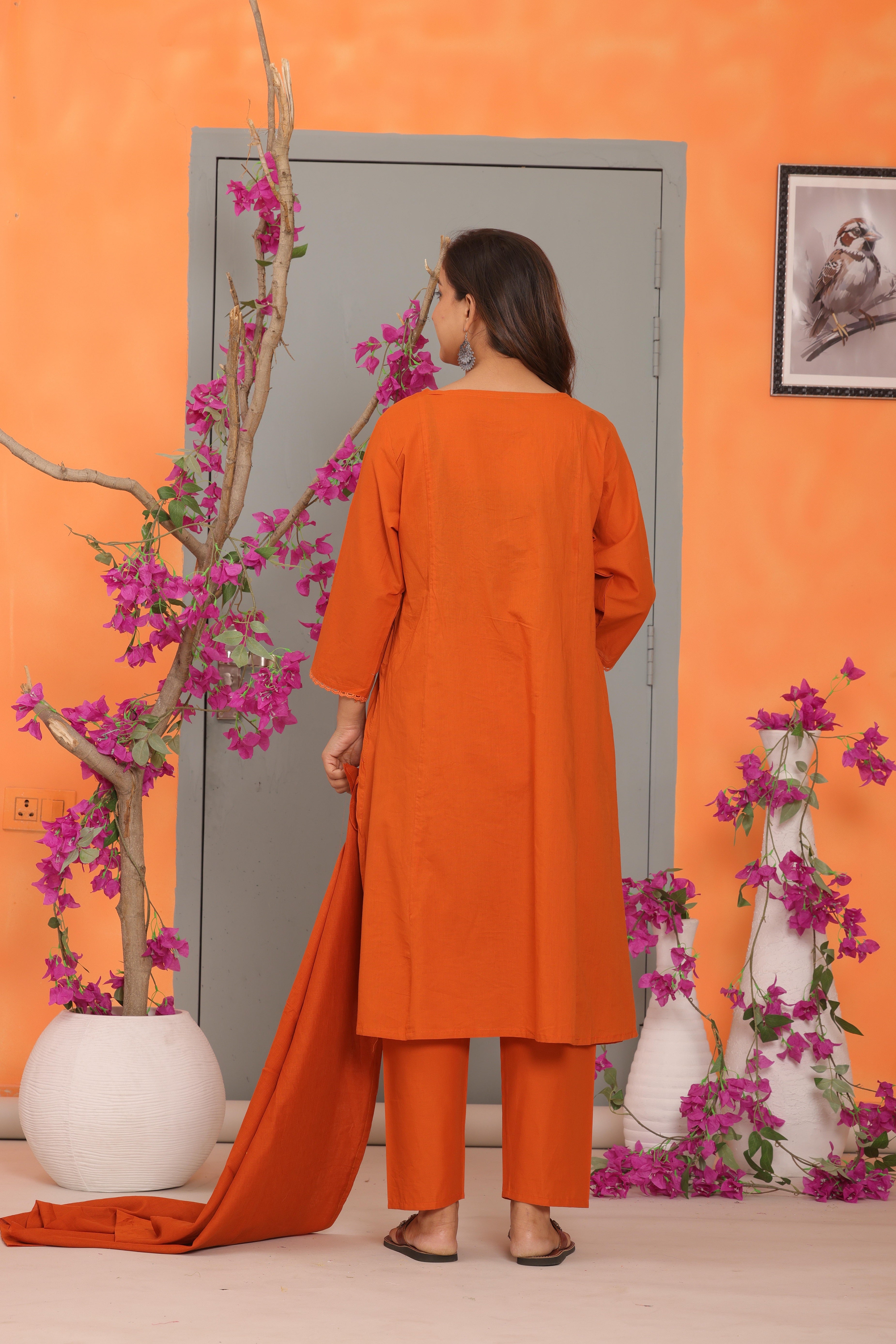 Orange Embroidered Cotton Kurta and Pant Set with Dupatta