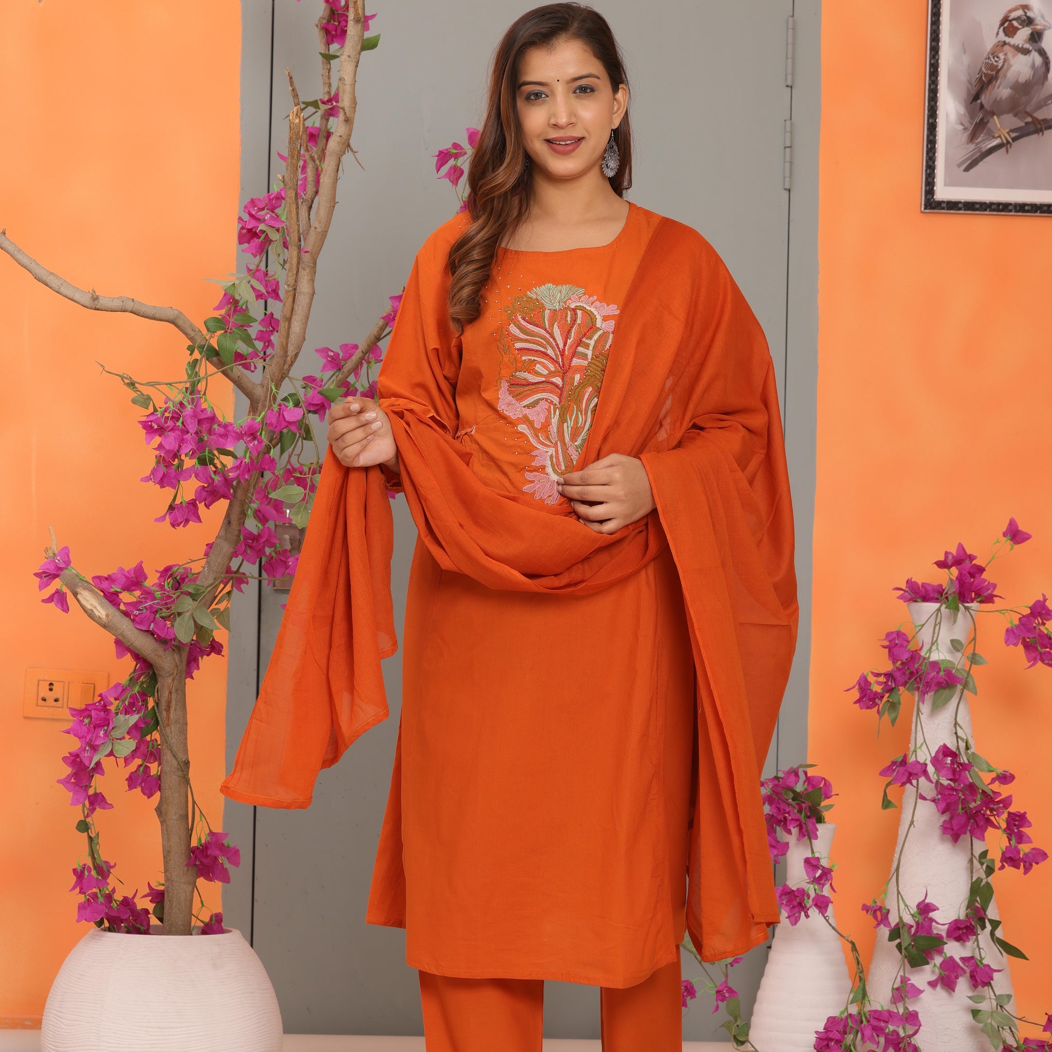 Orange Embroidered Cotton Kurta and Pant Set with Dupatta