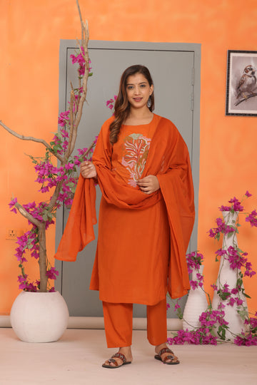 Orange Embroidered Cotton Kurta and Pant Set with Dupatta