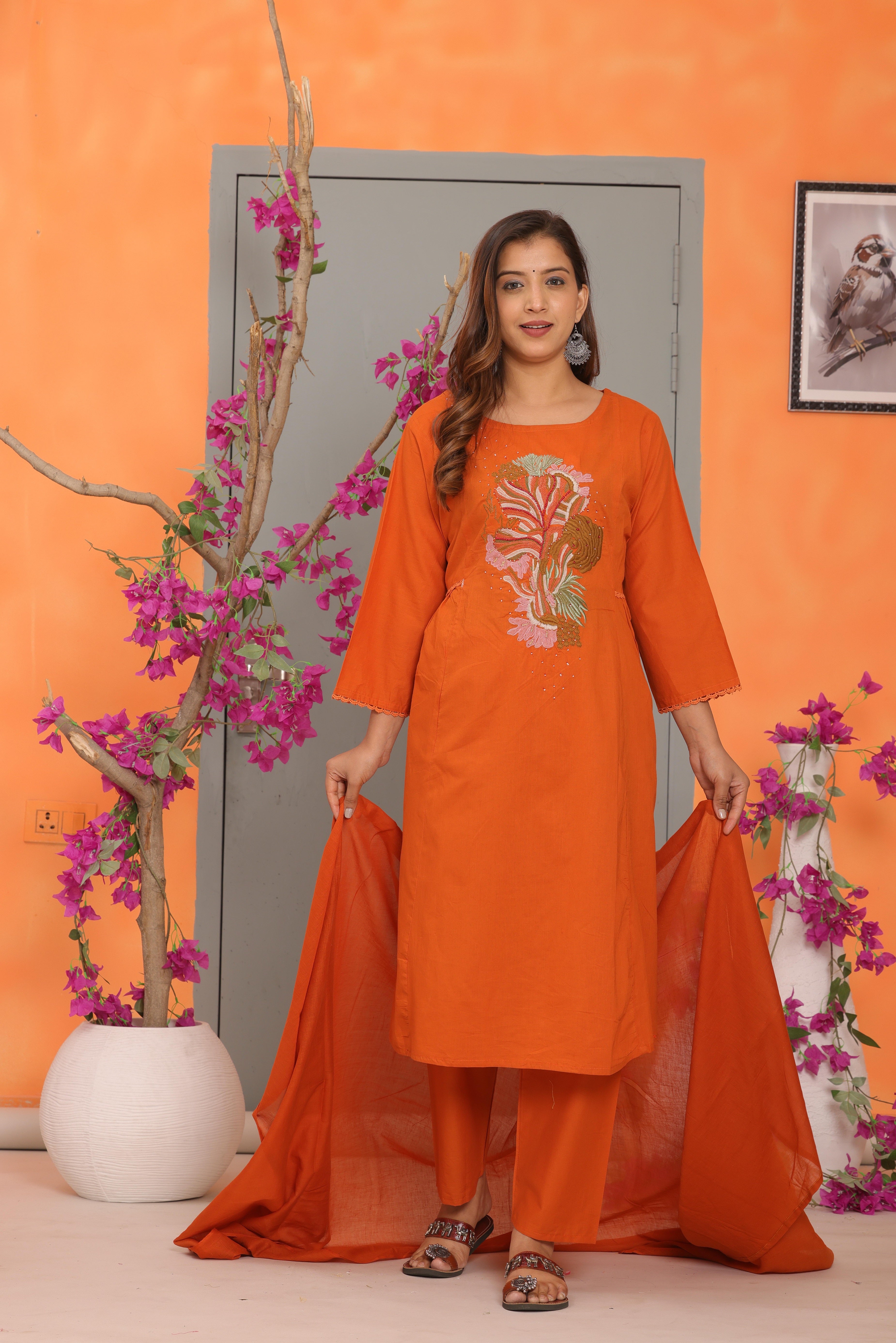Orange Embroidered Cotton Kurta and Pant Set with Dupatta