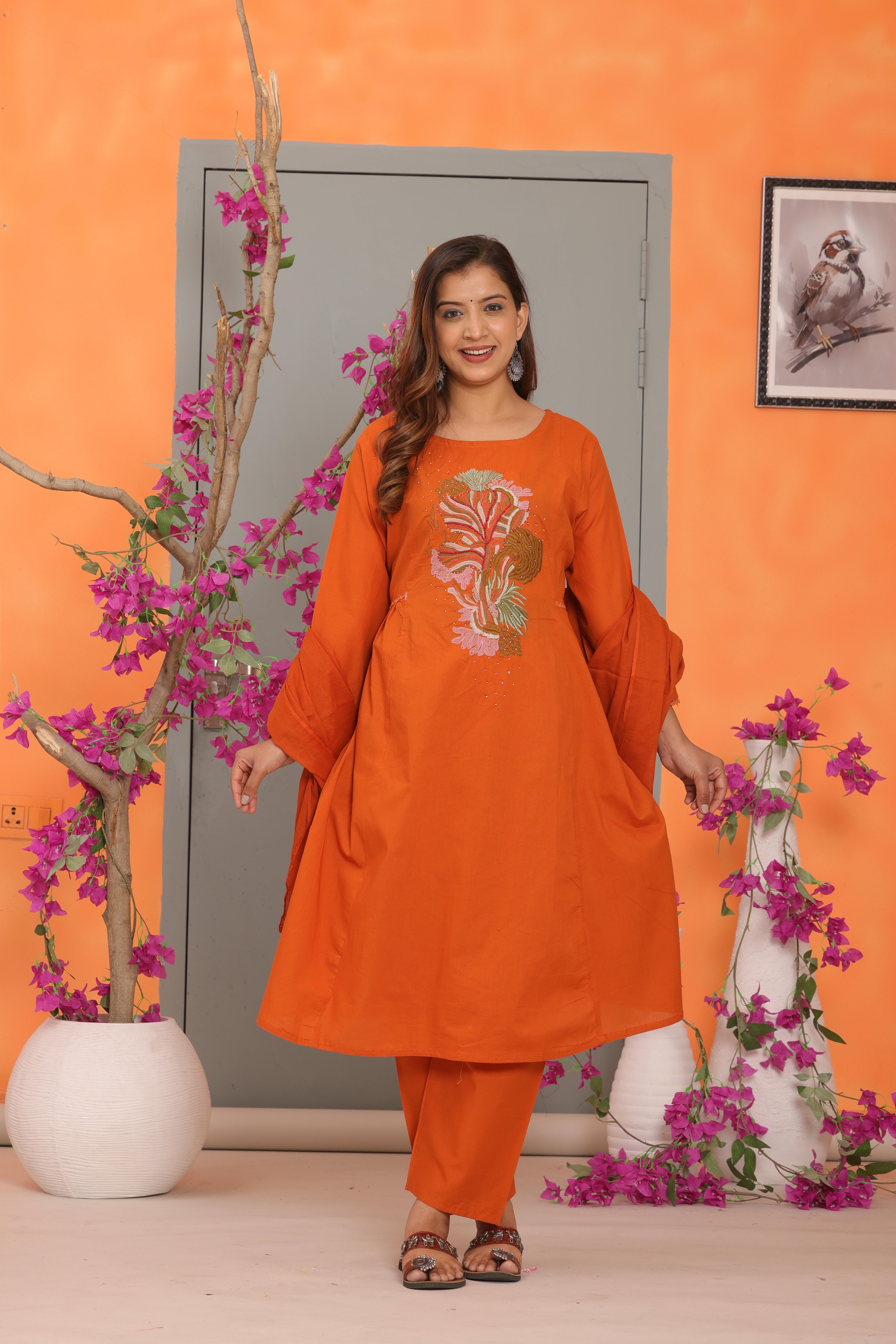Orange Embroidered Cotton Kurta and Pant Set with Dupatta