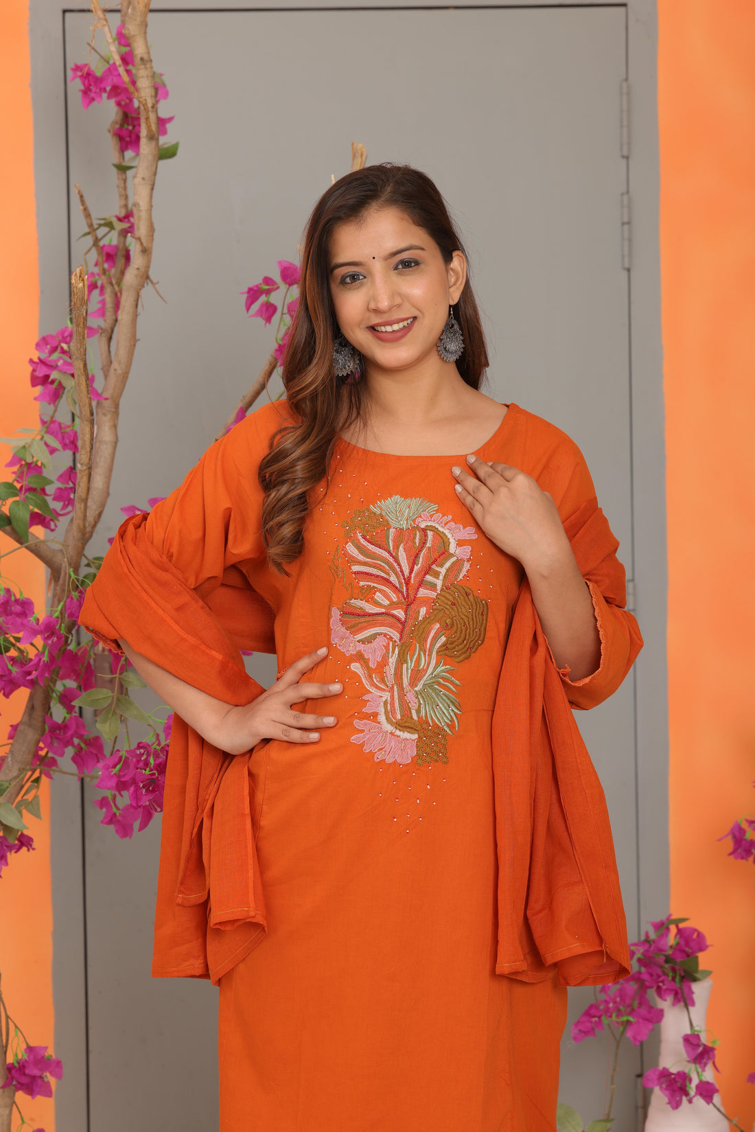 Orange Embroidered Cotton Kurta and Pant Set with Dupatta