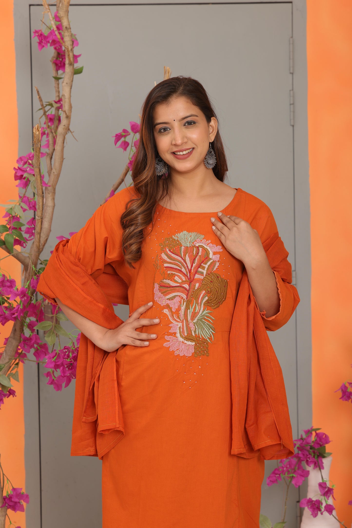 Orange Embroidered Cotton Kurta and Pant Set with Dupatta