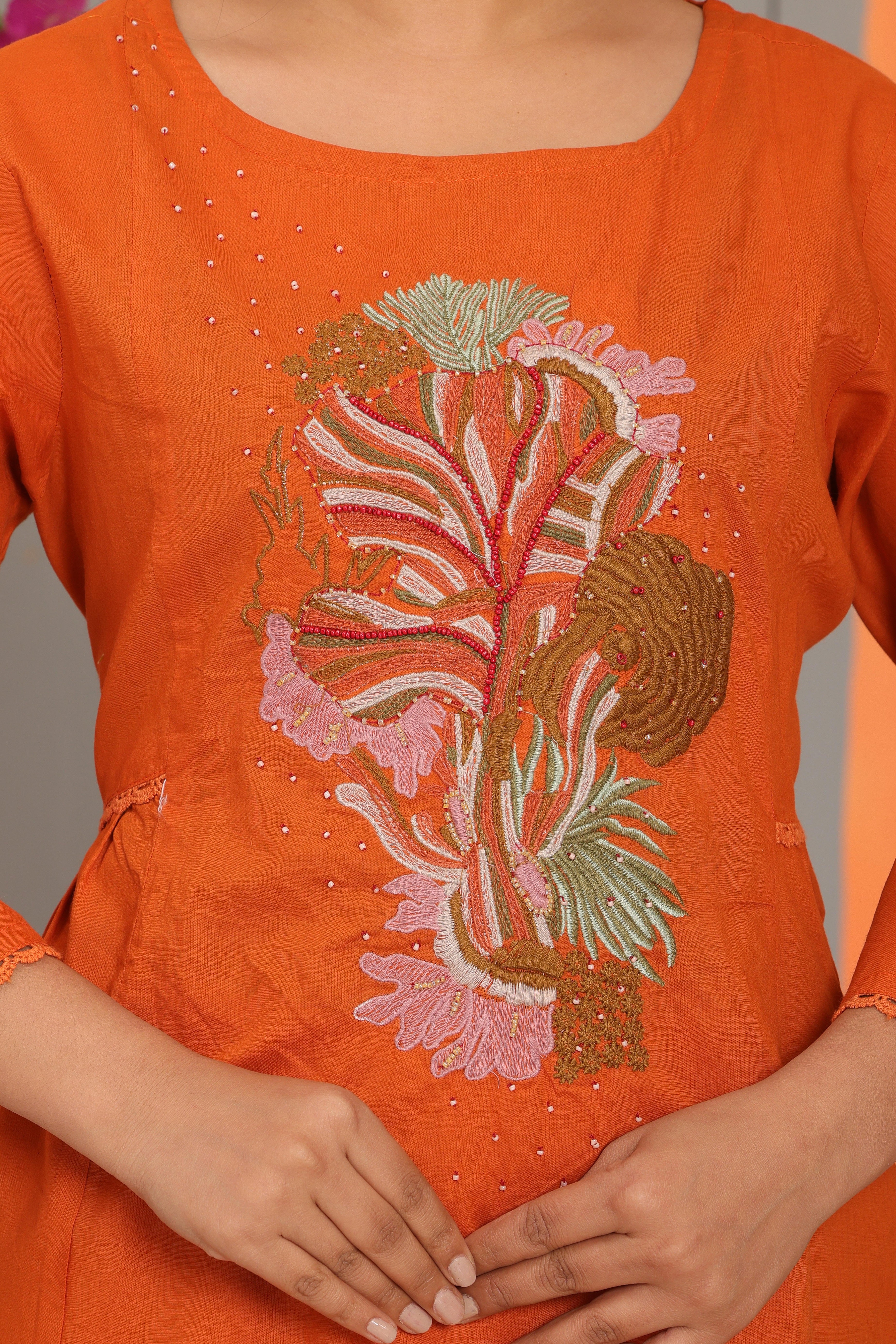 Orange Embroidered Cotton Kurta and Pant Set with Dupatta