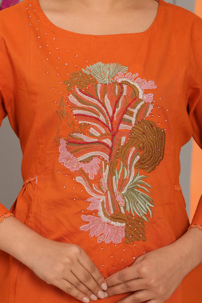 Orange Embroidered Cotton Kurta and Pant Set with Dupatta
