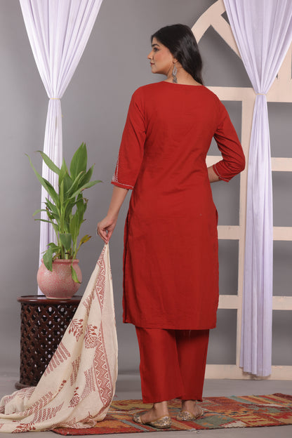 Cornell Red Embroidered Cotton Kurta and Pant Set with Dupatta
