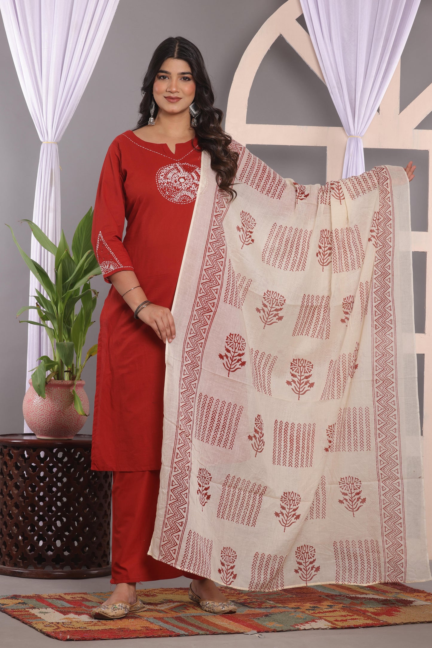 Cornell Red Embroidered Cotton Kurta and Pant Set with Dupatta