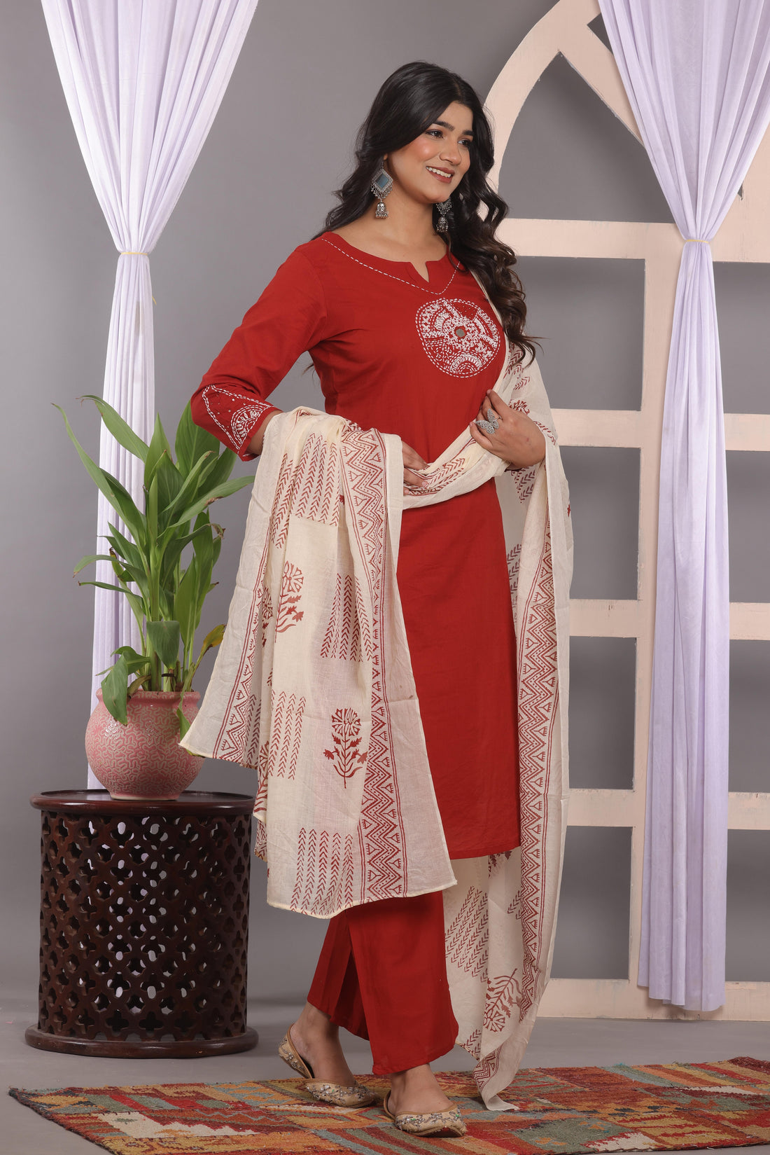 Cornell Red Embroidered Cotton Kurta and Pant Set with Dupatta