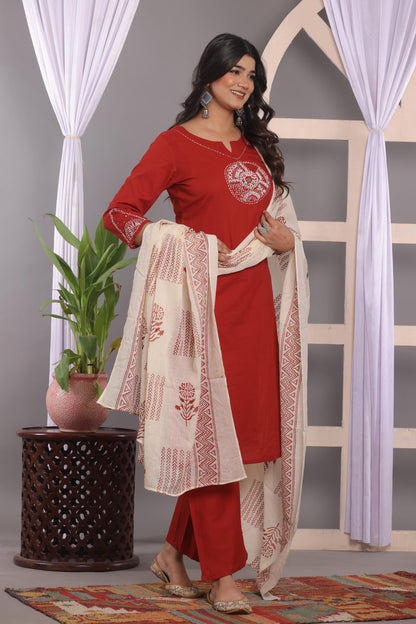 Cornell Red Embroidered Cotton Kurta and Pant Set with Dupatta