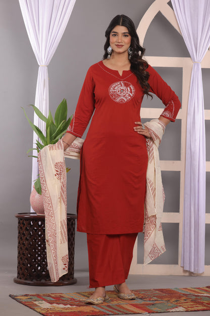 Cornell Red Embroidered Cotton Kurta and Pant Set with Dupatta