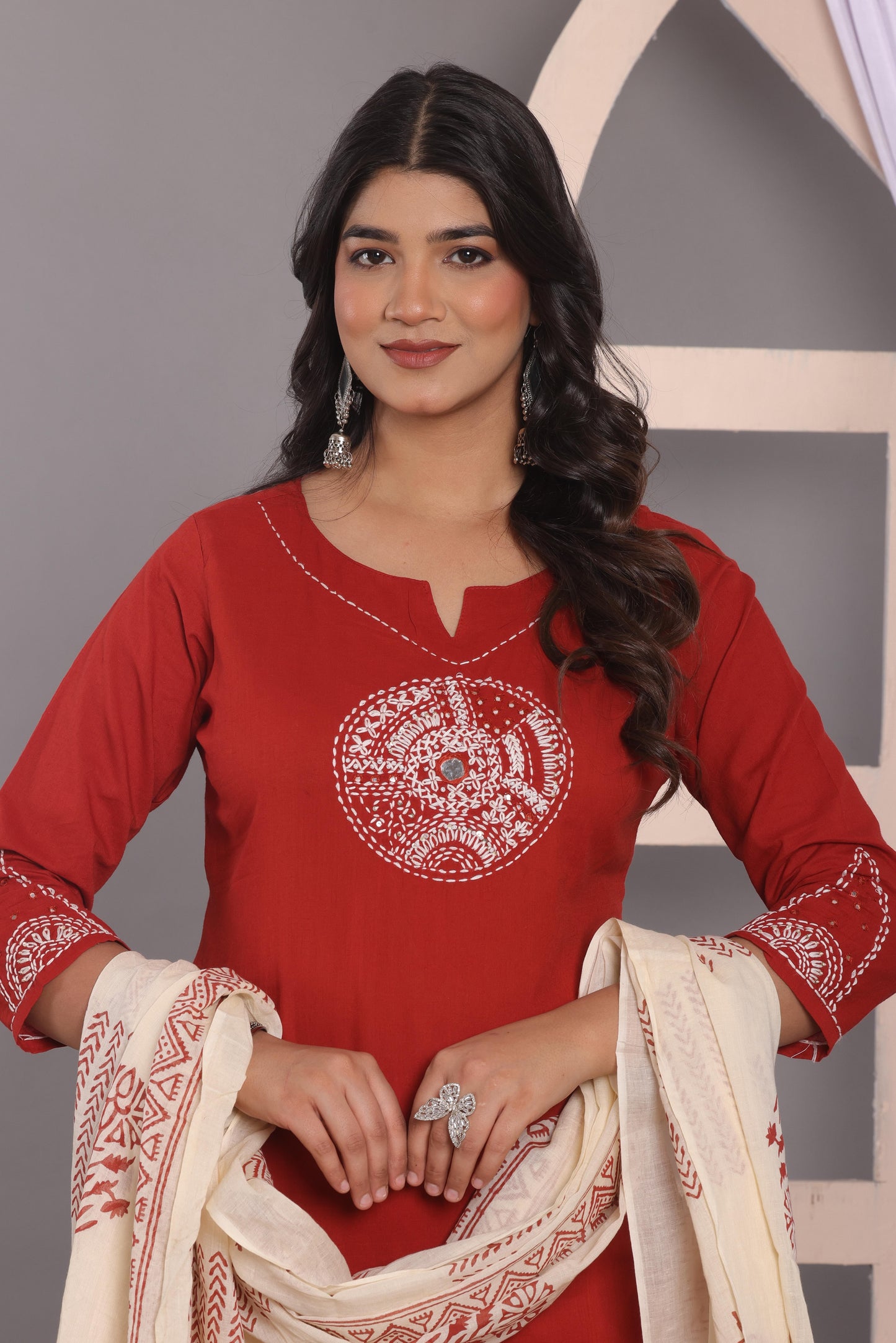 Cornell Red Embroidered Cotton Kurta and Pant Set with Dupatta