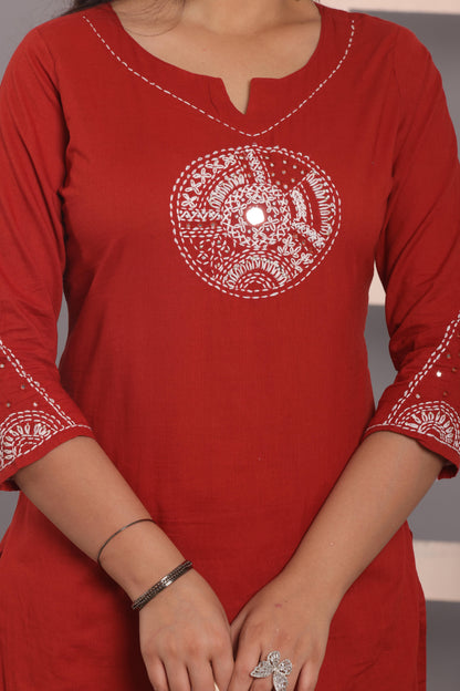 Cornell Red Embroidered Cotton Kurta and Pant Set with Dupatta
