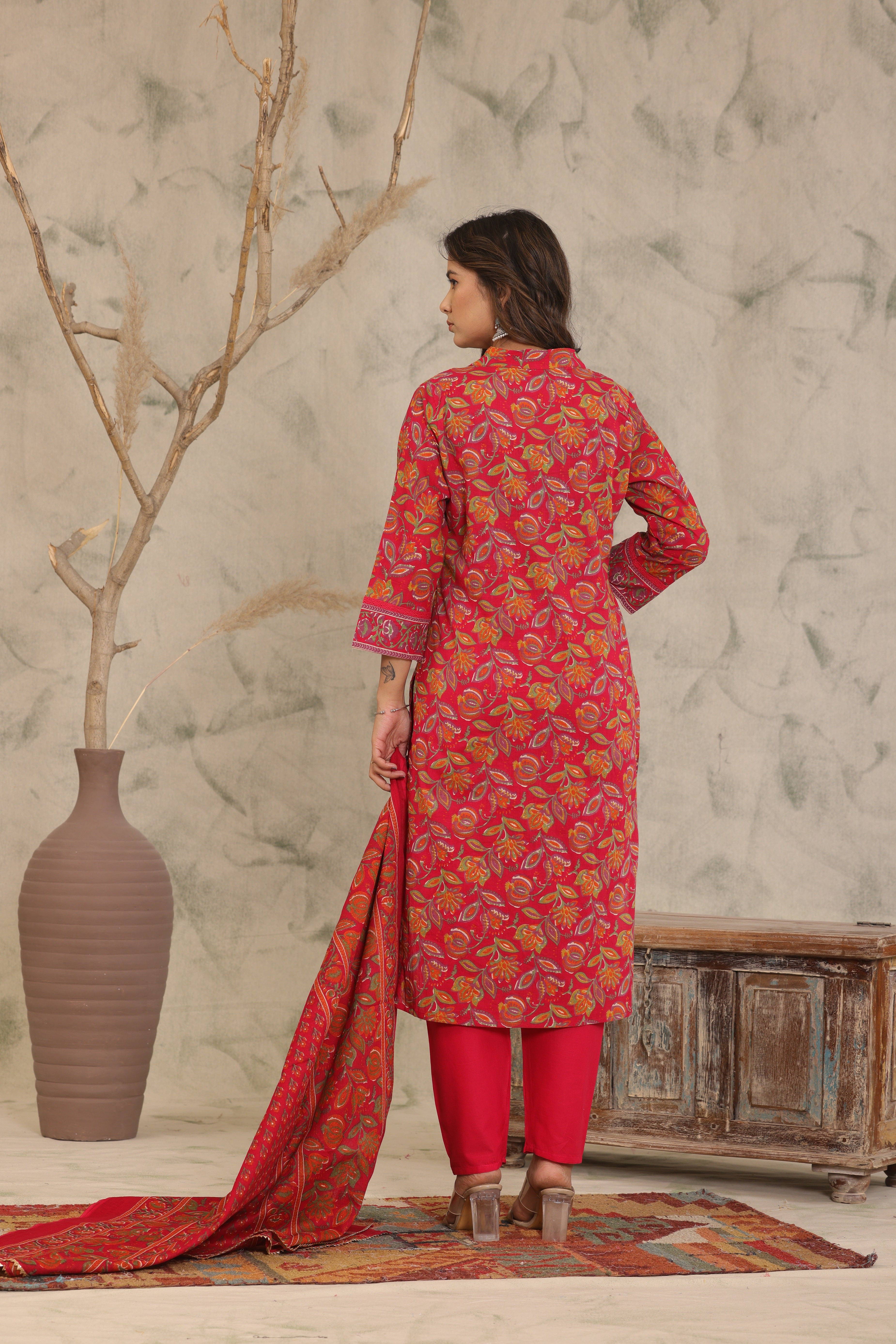 Red Adda Work Cotton Kurta and Pant Set with Dupatta