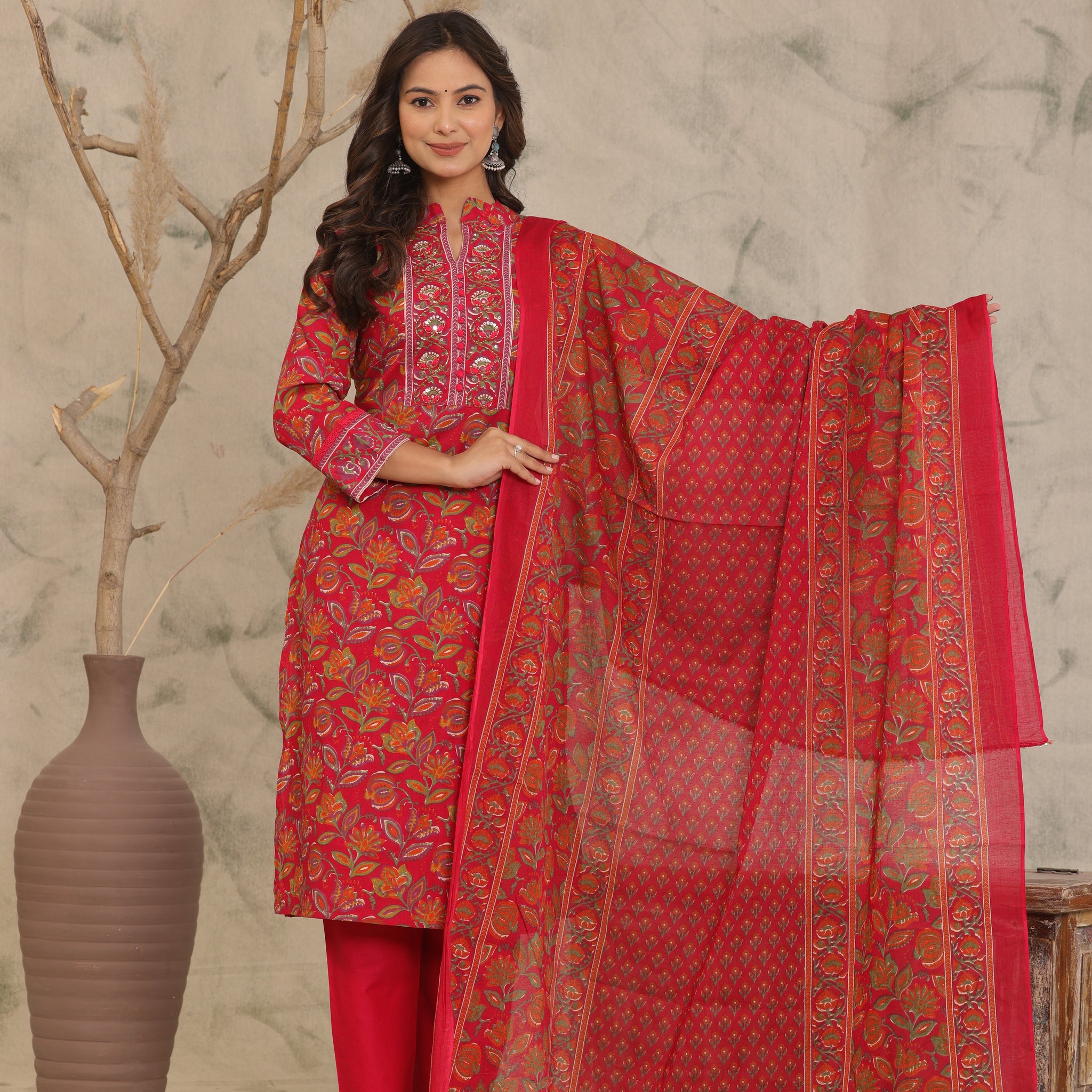 Red Adda Work Cotton Kurta and Pant Set with Dupatta