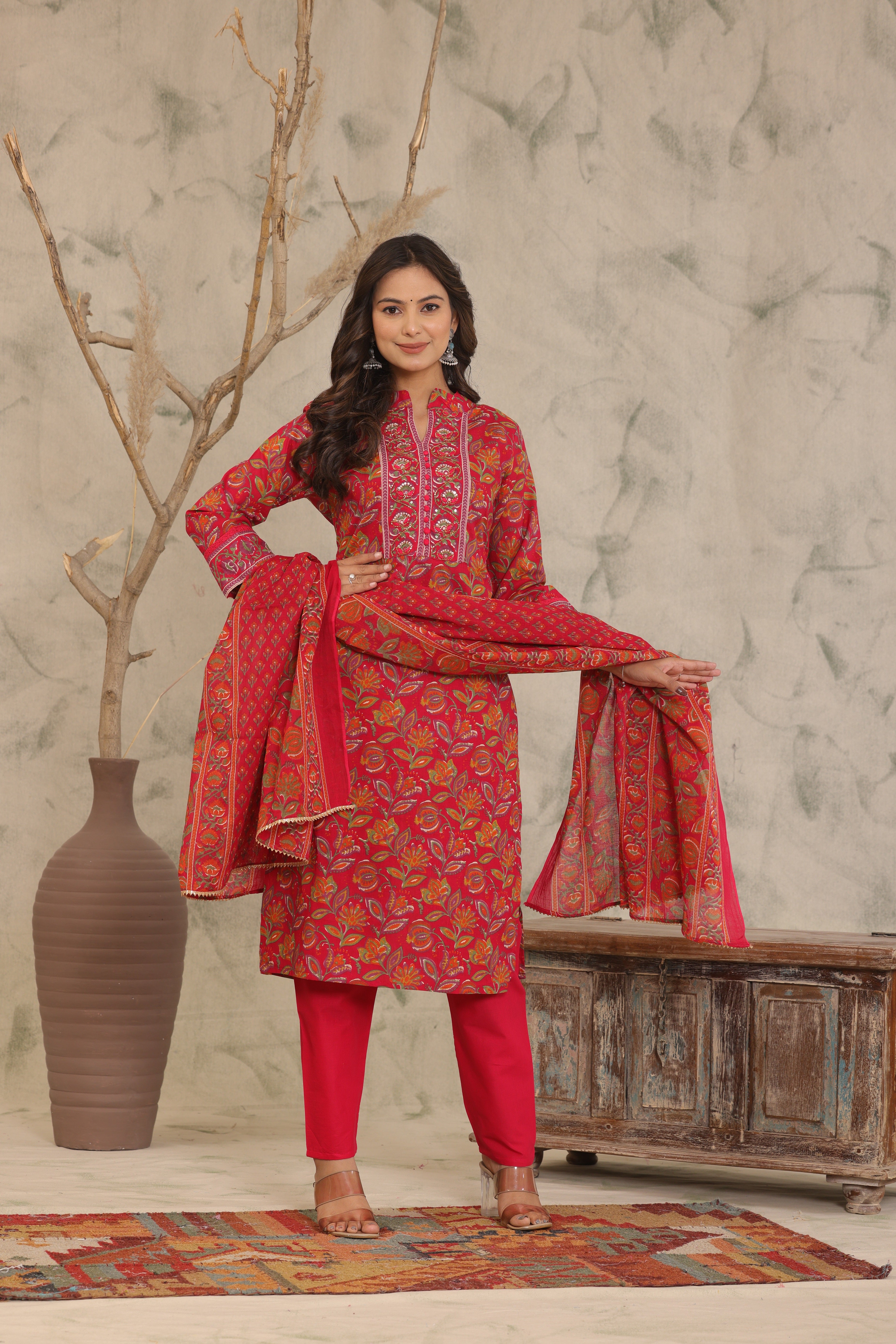 Red Adda Work Cotton Kurta and Pant Set with Dupatta