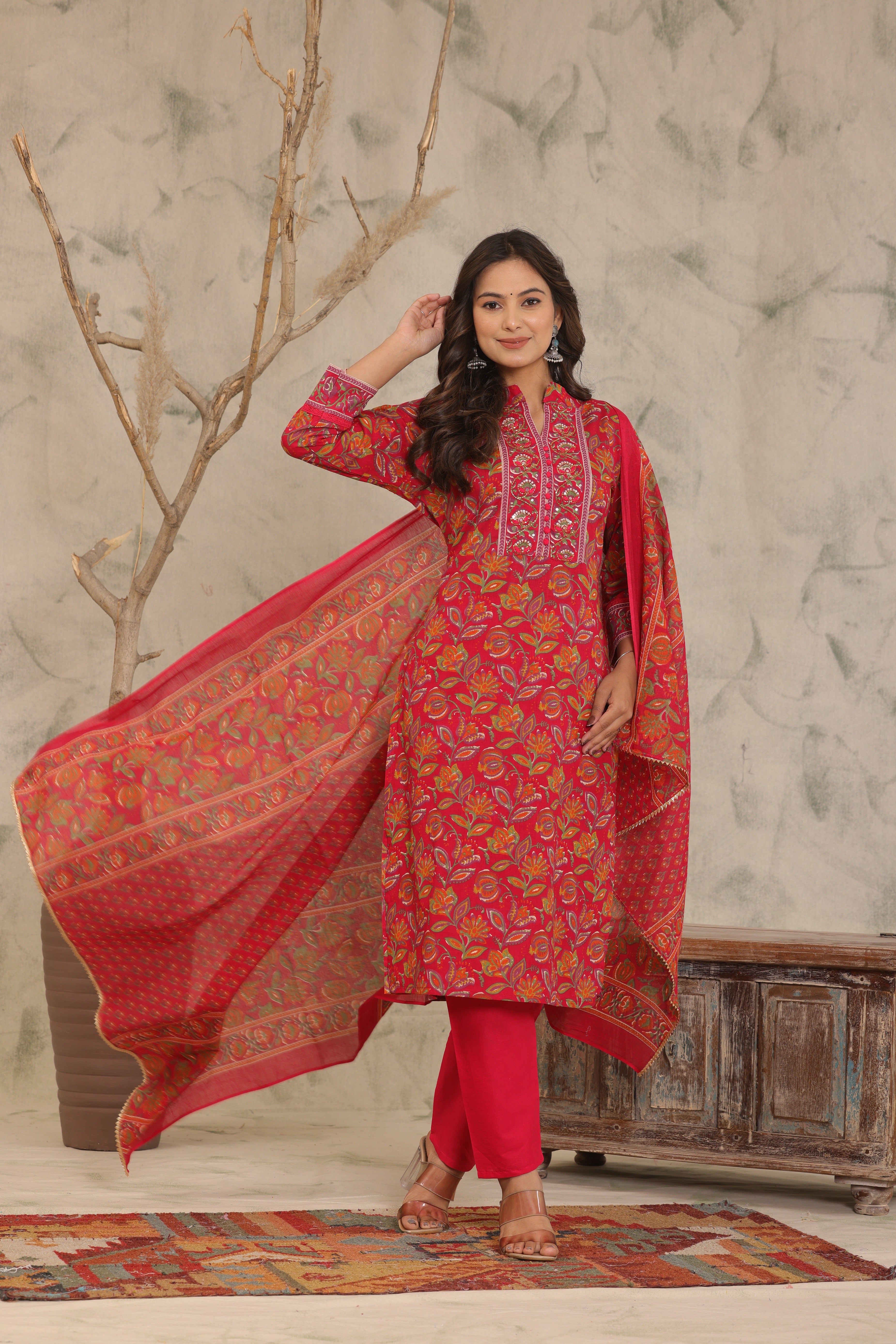 Red Adda Work Cotton Kurta and Pant Set with Dupatta