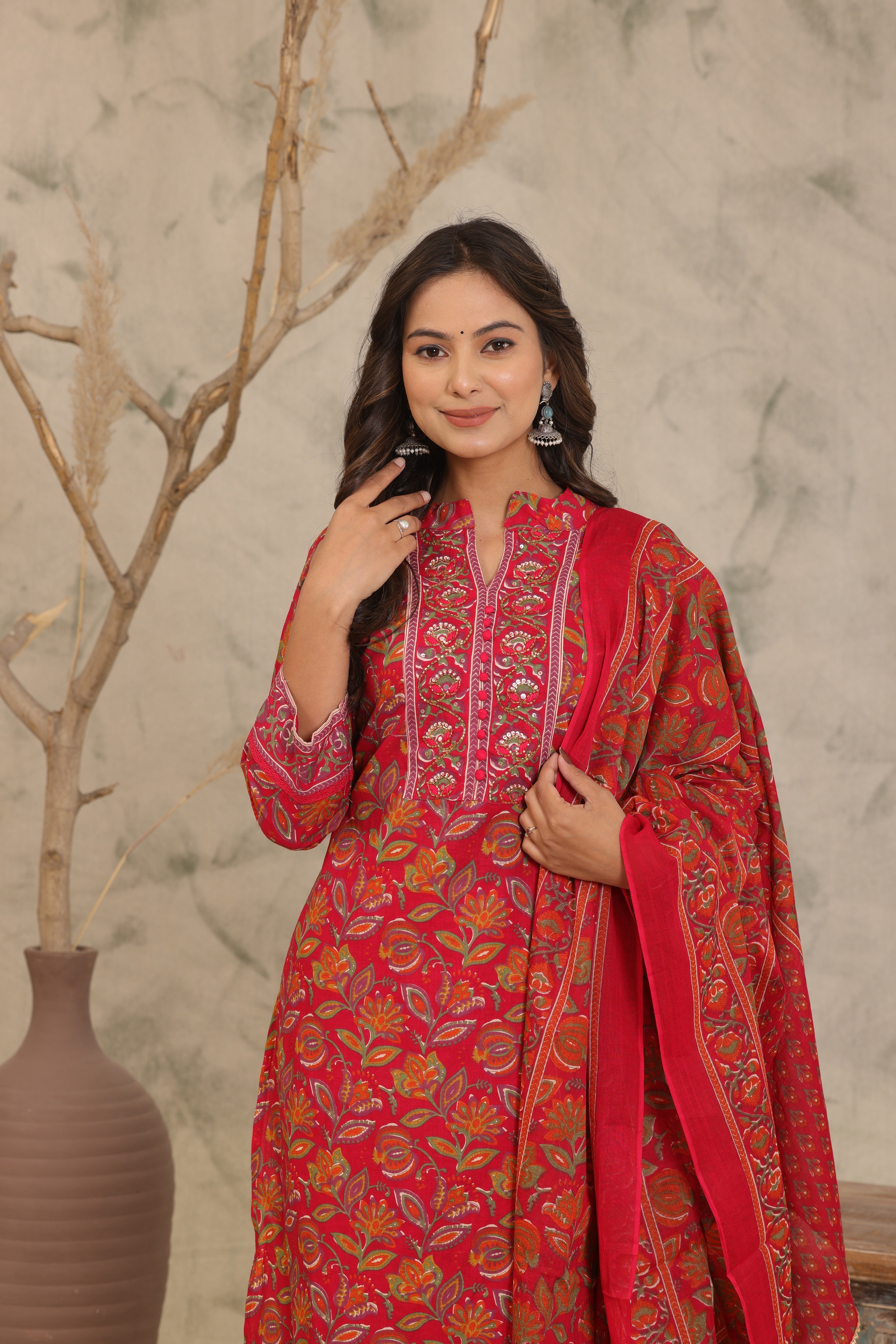 Red Adda Work Cotton Kurta and Pant Set with Dupatta