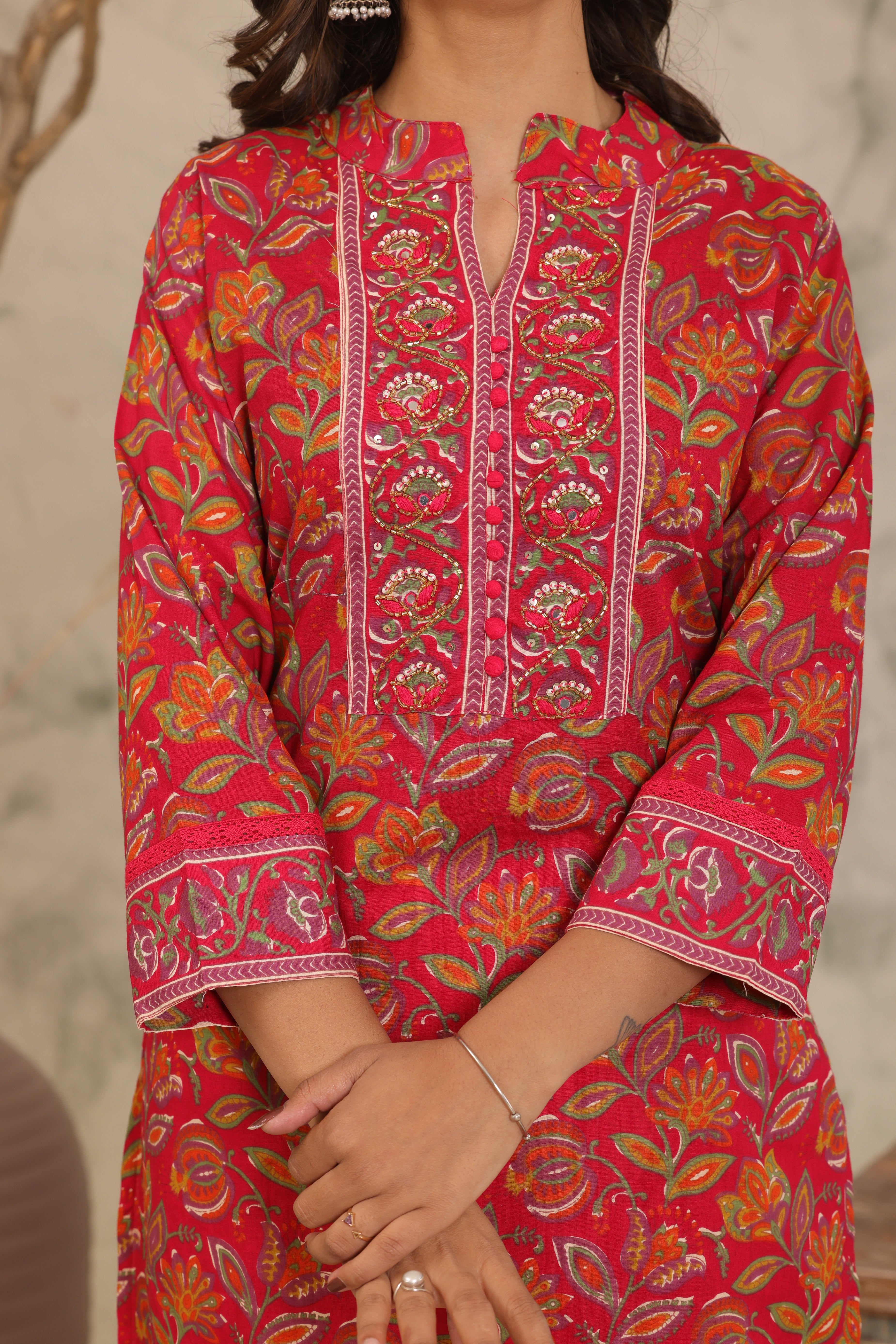 Red Adda Work Cotton Kurta and Pant Set with Dupatta