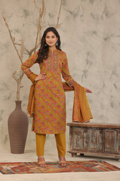Mustard Brown Adda Work Cotton Kurta and Pant Set with Dupatta