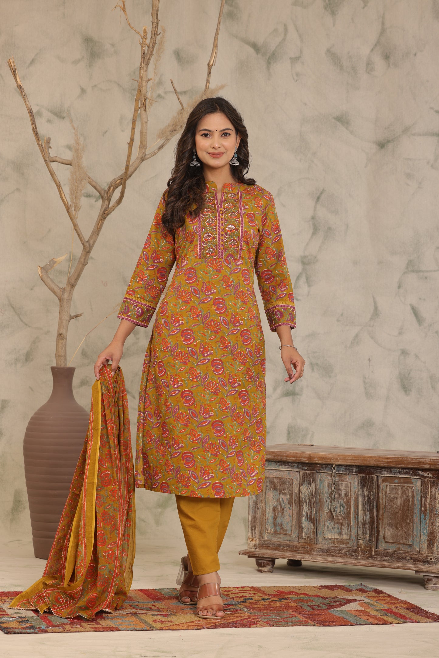Mustard Brown Adda Work Cotton Kurta and Pant Set with Dupatta