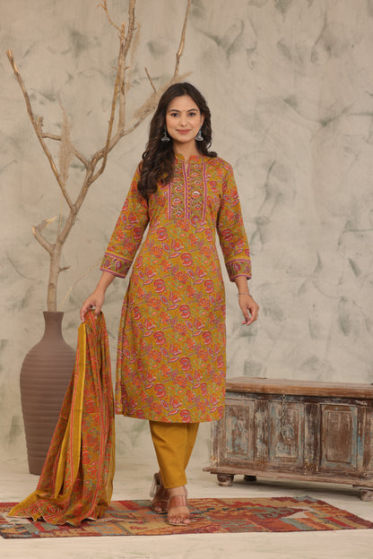 Mustard Brown Adda Work Cotton Kurta and Pant Set with Dupatta