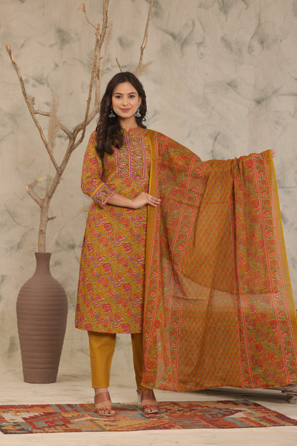 Mustard Brown Adda Work Cotton Kurta and Pant Set with Dupatta