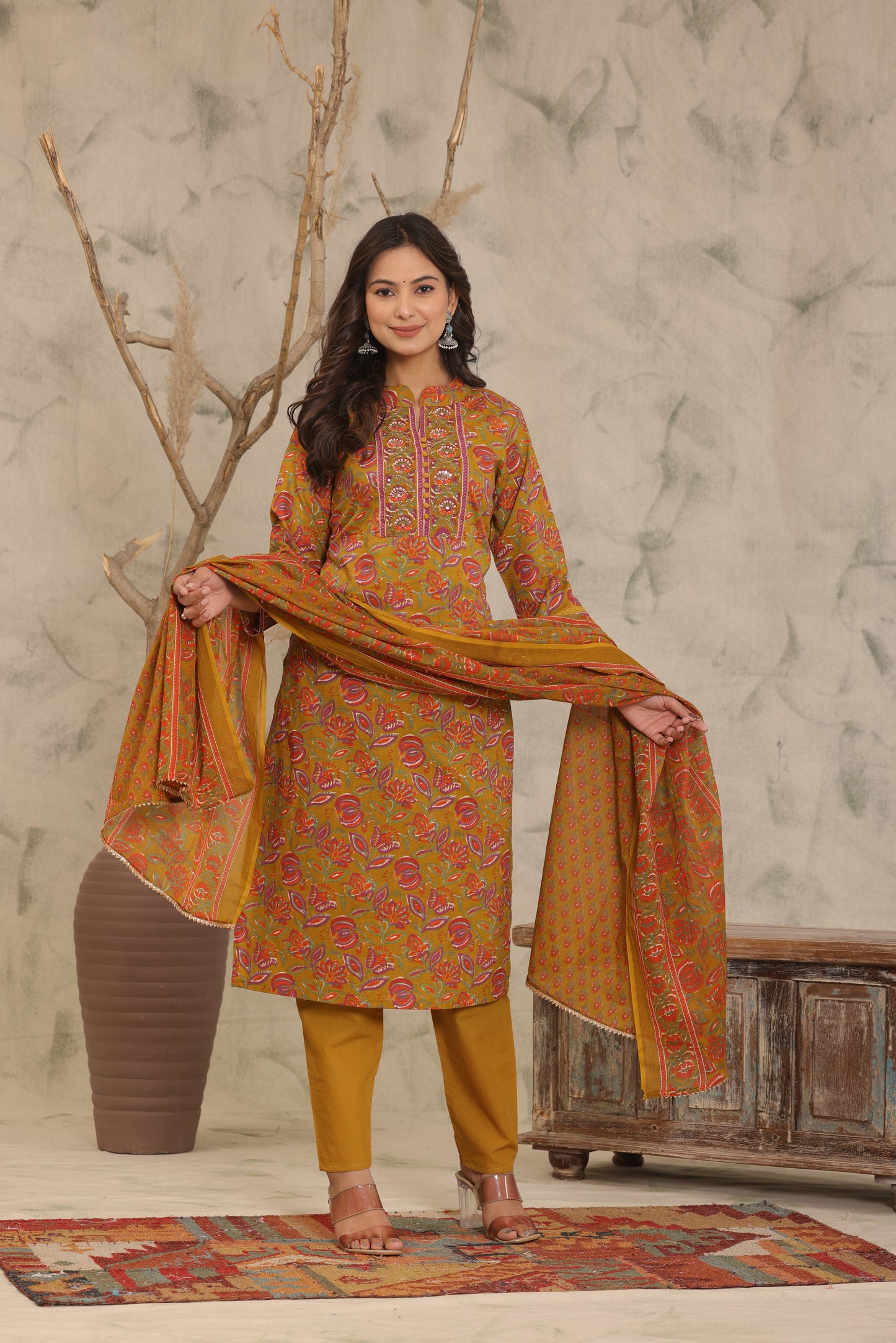 Mustard Brown Adda Work Cotton Kurta and Pant Set with Dupatta