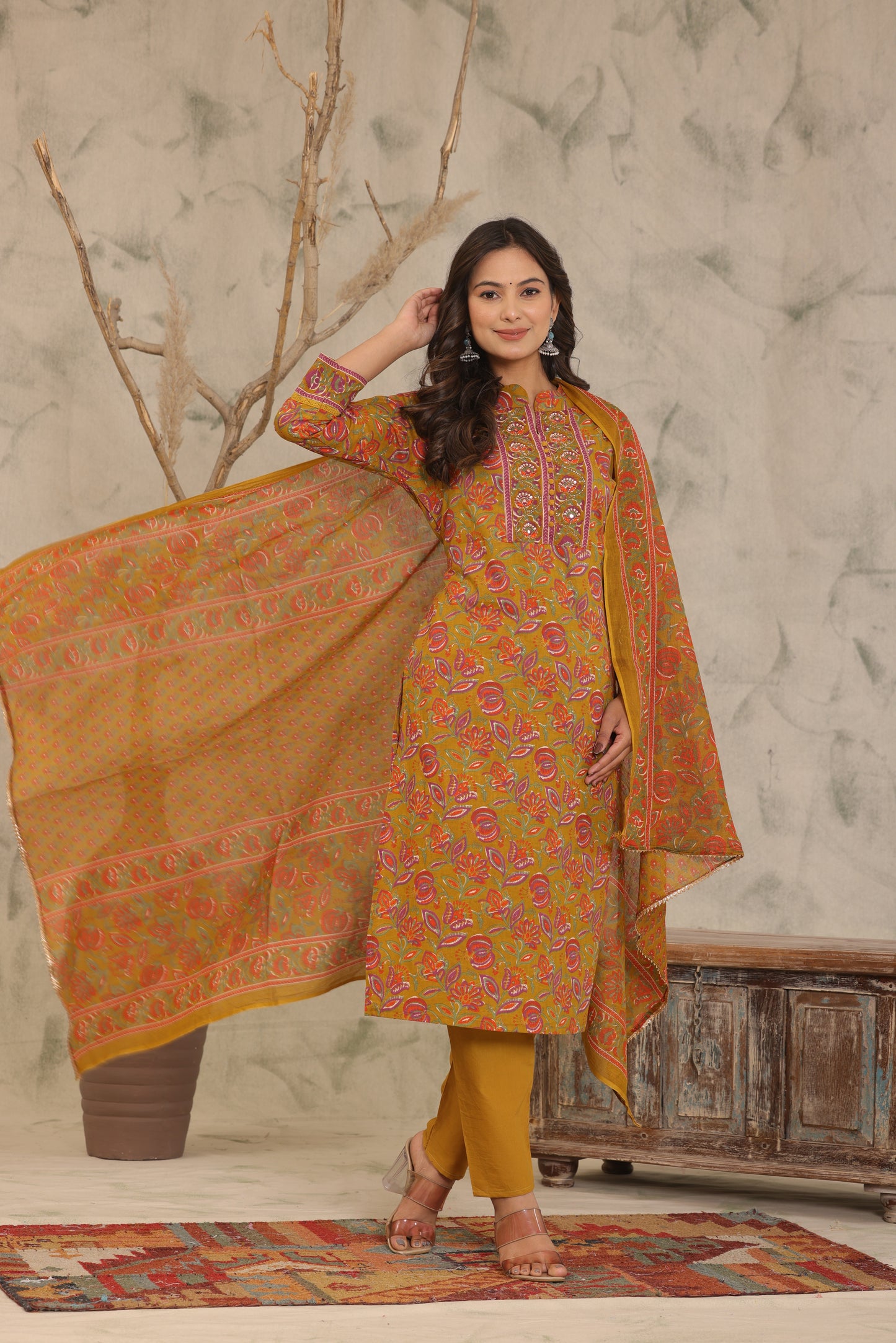 Mustard Brown Adda Work Cotton Kurta and Pant Set with Dupatta