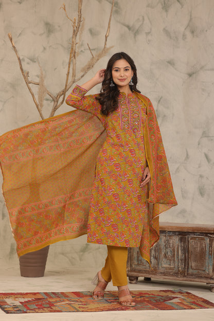 Mustard Brown Adda Work Cotton Kurta and Pant Set with Dupatta