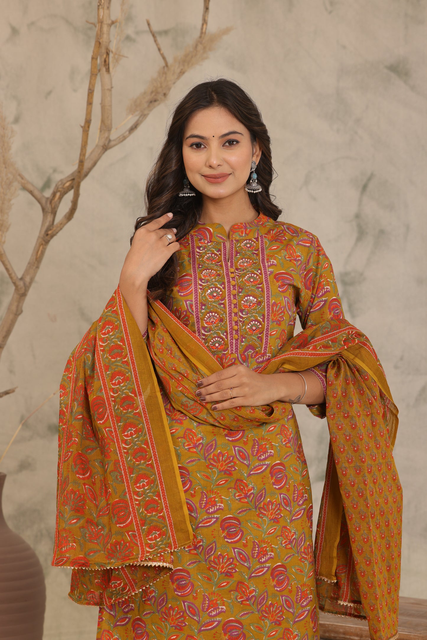 Mustard Brown Adda Work Cotton Kurta and Pant Set with Dupatta