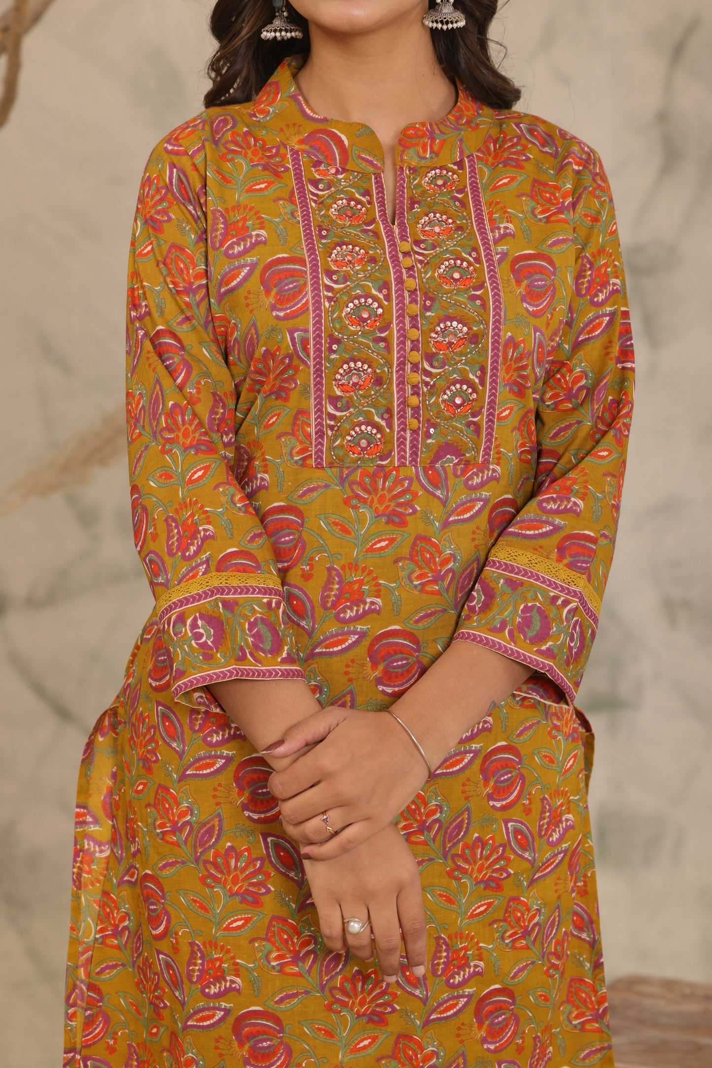 Mustard Brown Adda Work Cotton Kurta and Pant Set with Dupatta