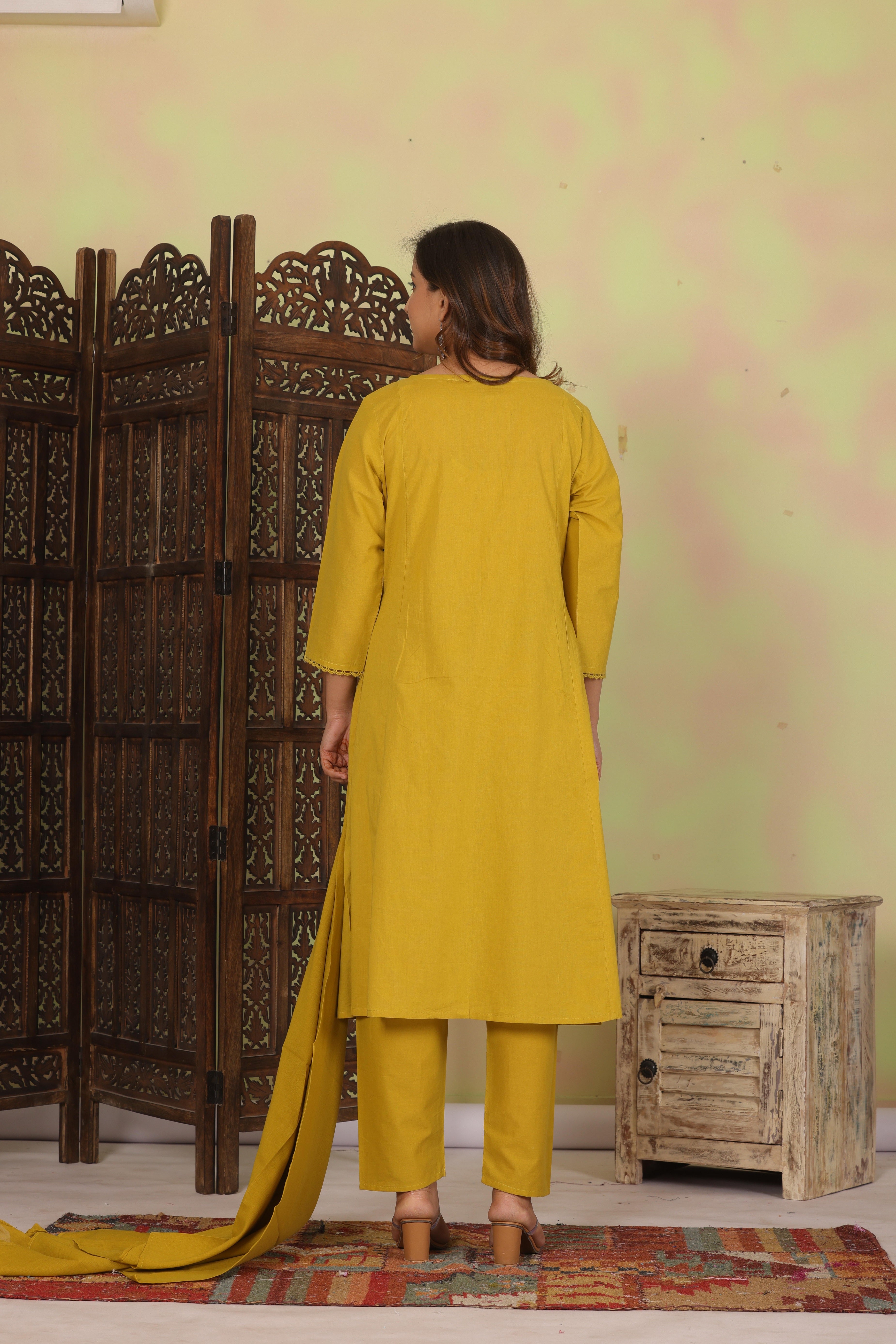 Dark Gold Embroidered Cotton Kurta and Pant Set with Dupatta