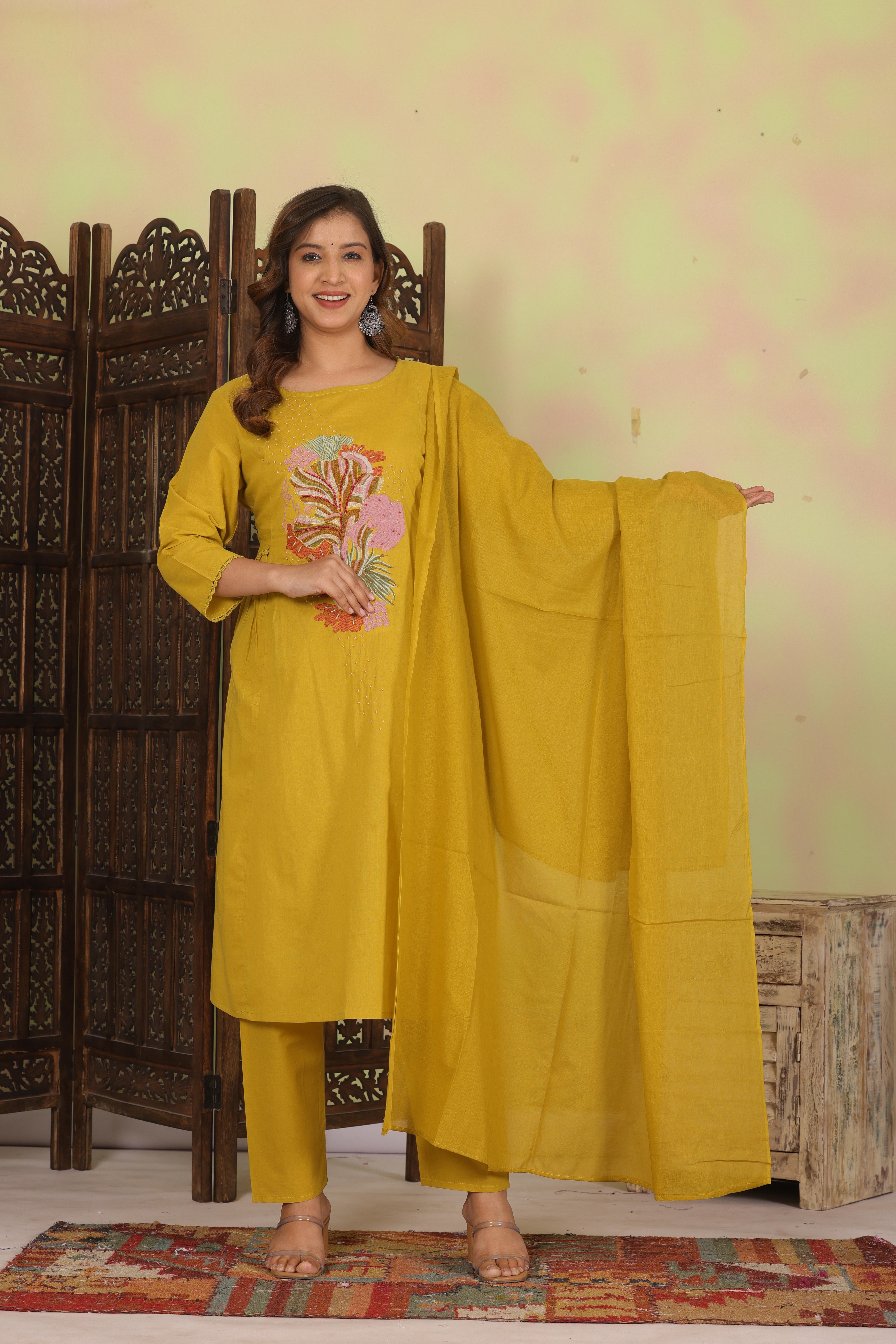 Dark Gold Embroidered Cotton Kurta and Pant Set with Dupatta