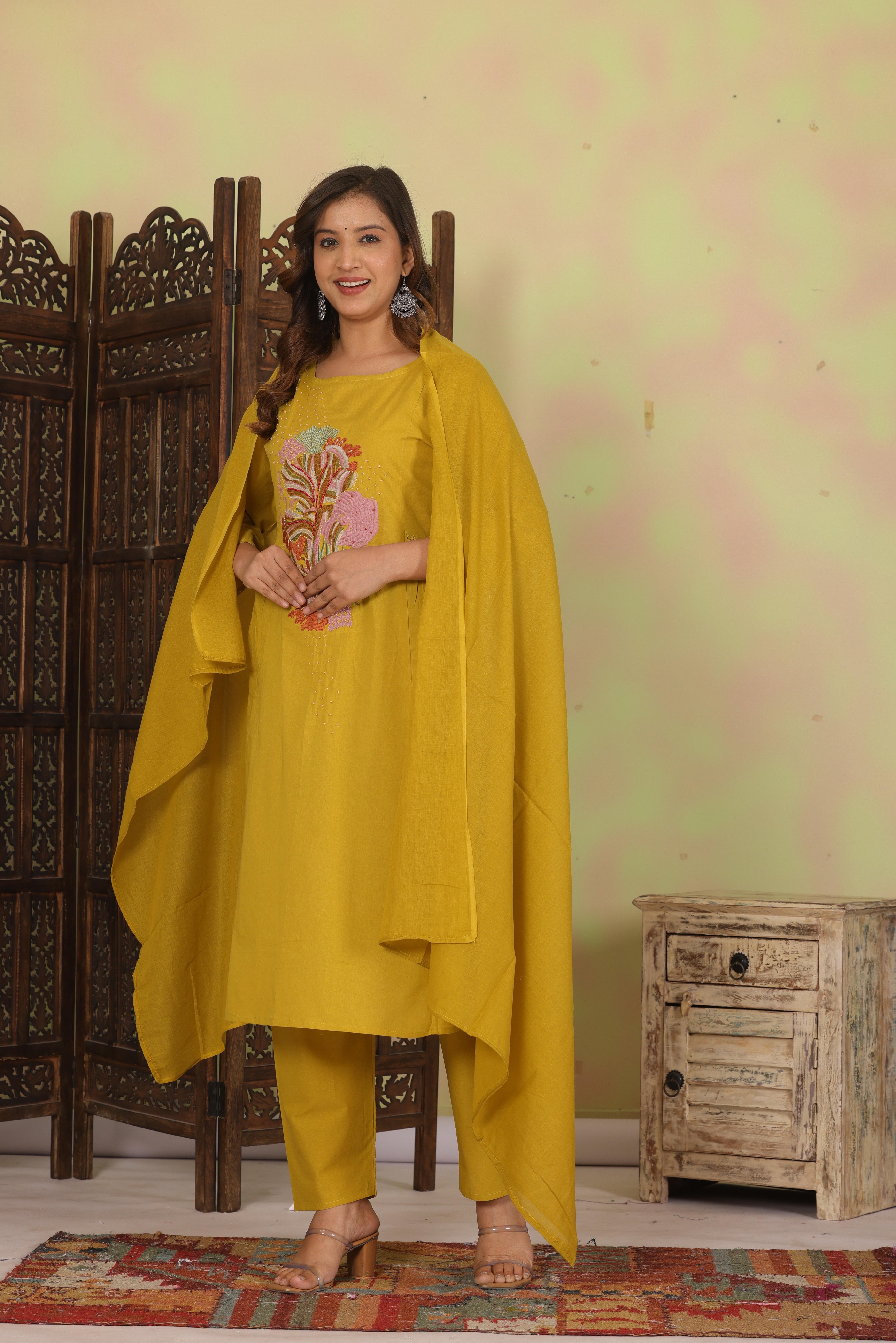 Dark Gold Embroidered Cotton Kurta and Pant Set with Dupatta