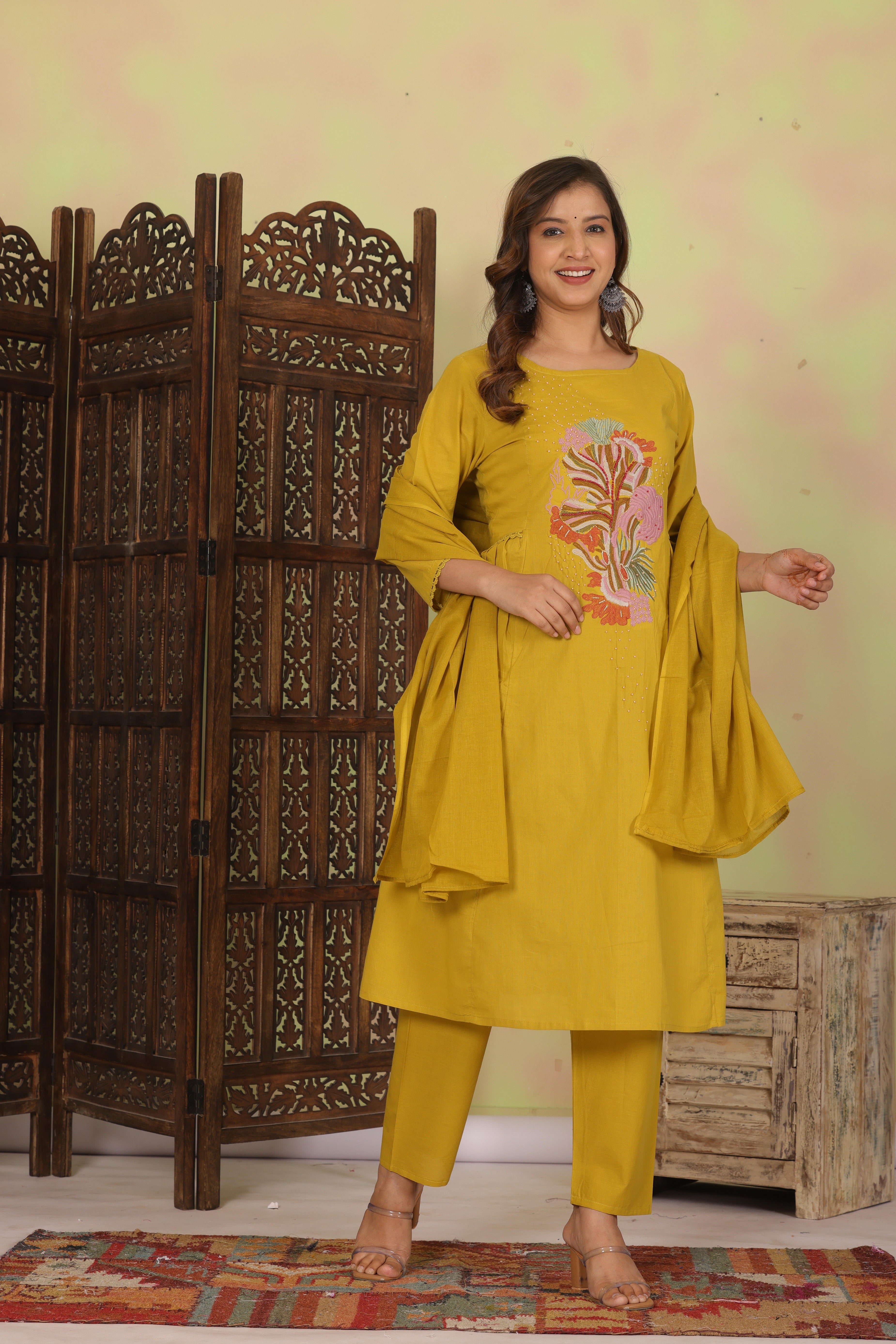 Dark Gold Embroidered Cotton Kurta and Pant Set with Dupatta