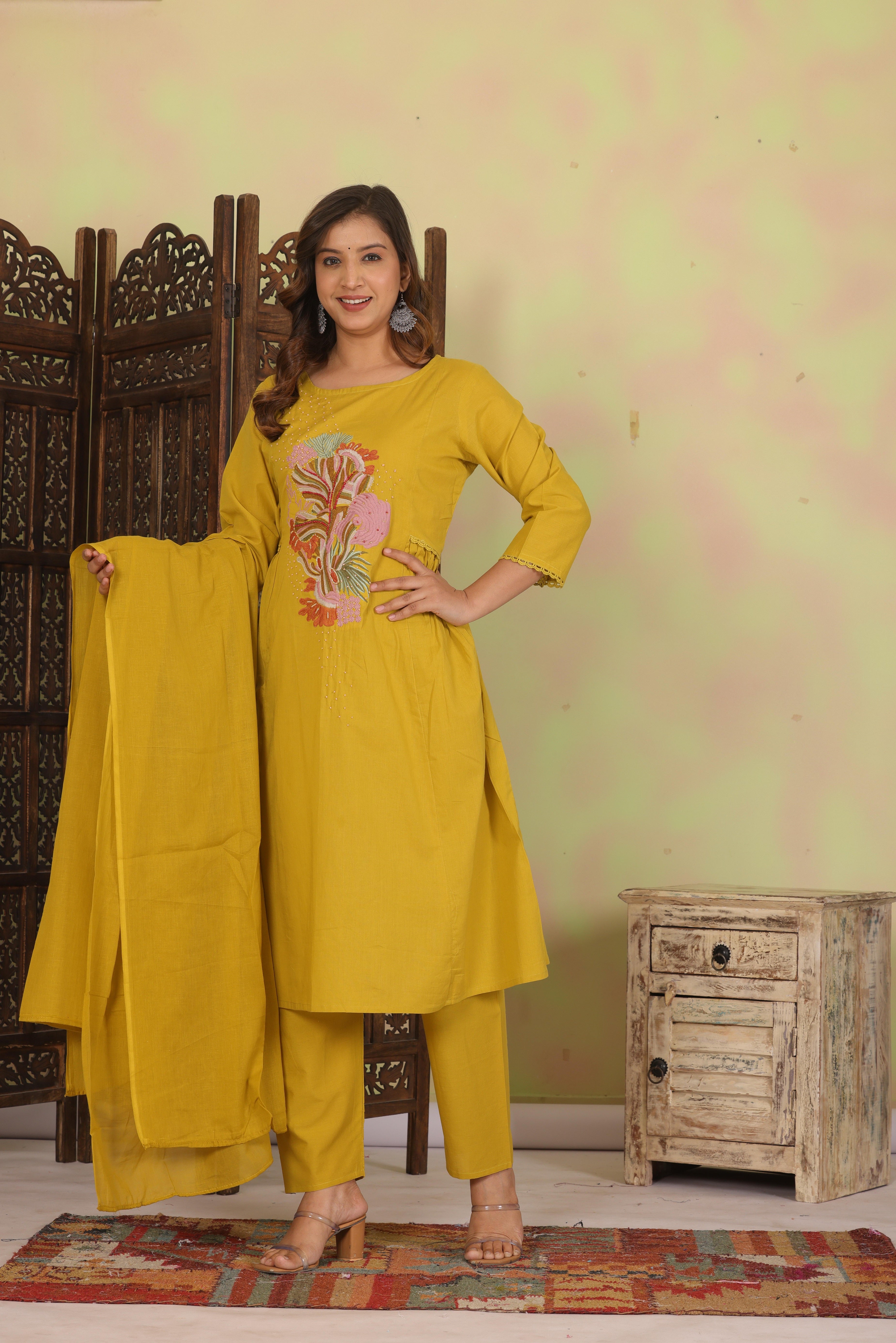 Dark Gold Embroidered Cotton Kurta and Pant Set with Dupatta