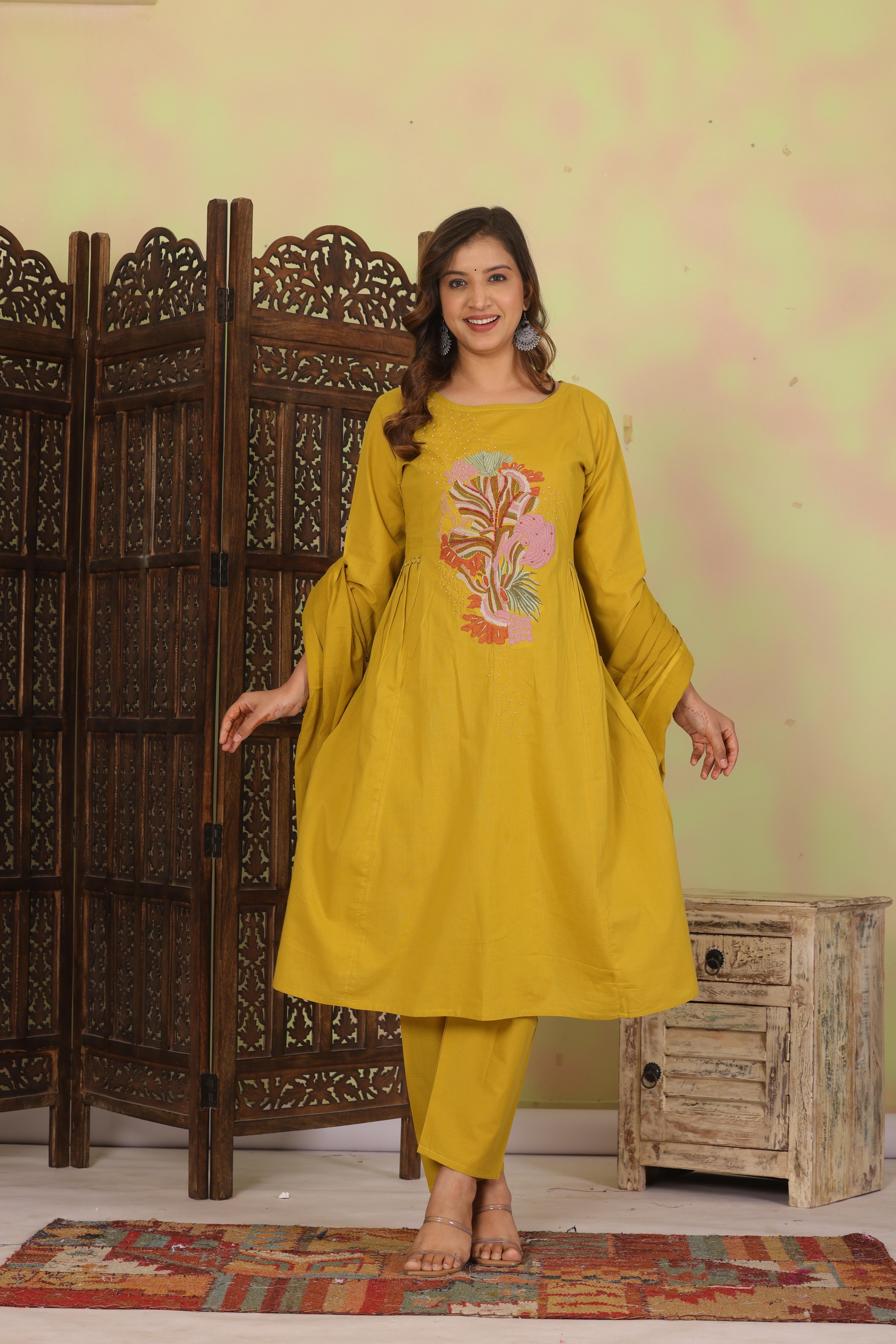 Dark Gold Embroidered Cotton Kurta and Pant Set with Dupatta