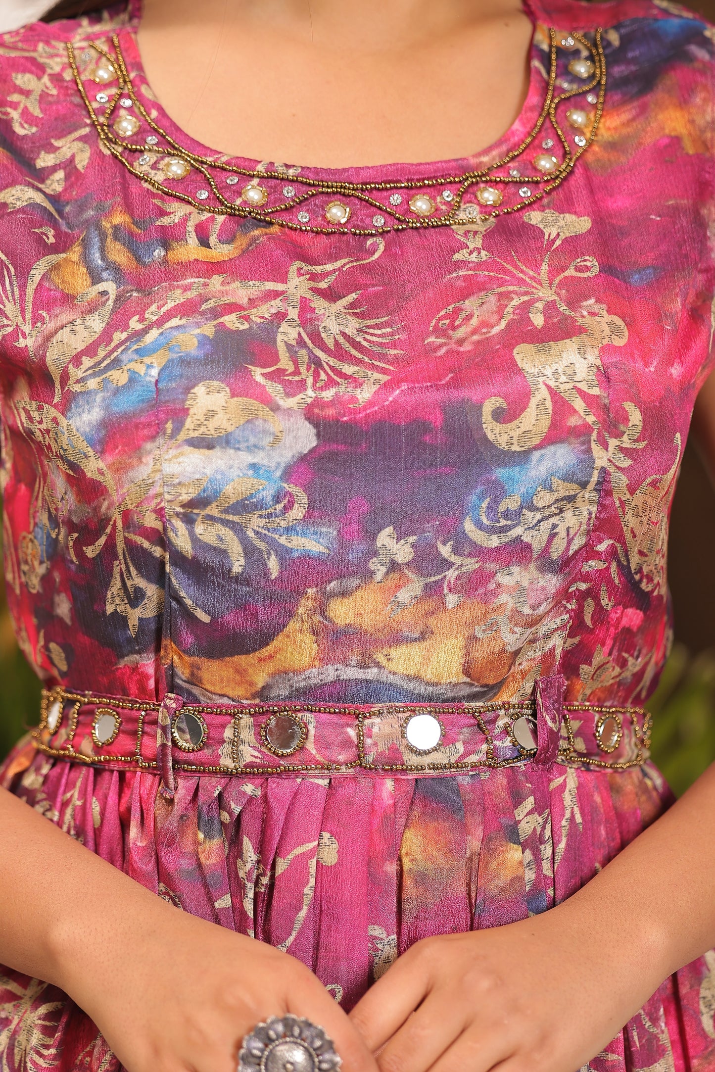 Pinkish Red Chinon Dress with Belt Attached