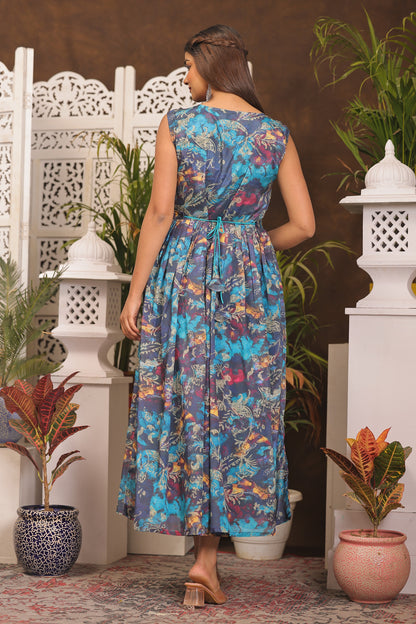 Sky Blue Chinon Dress with Belt Attached