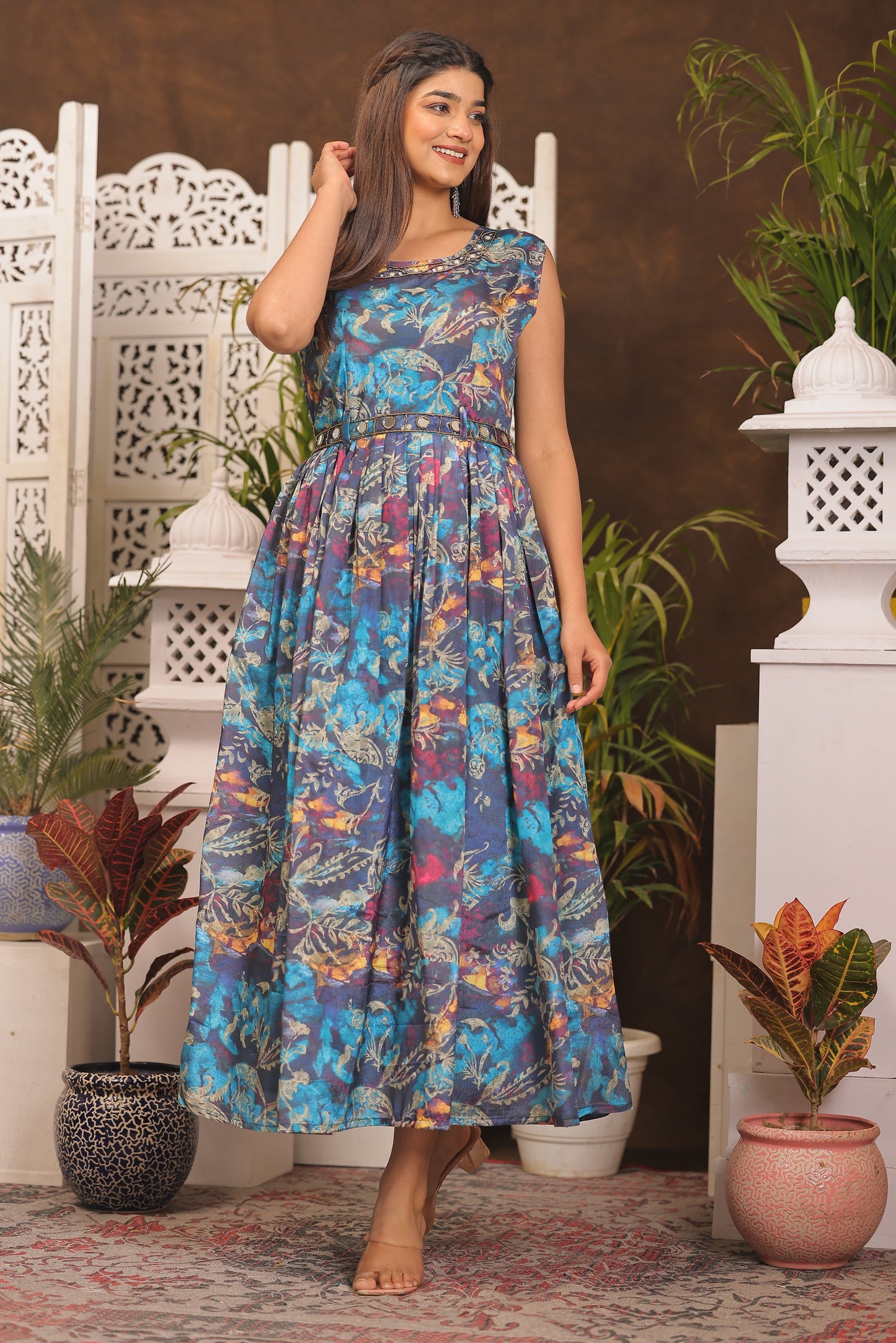 Sky Blue Chinon Dress with Belt Attached
