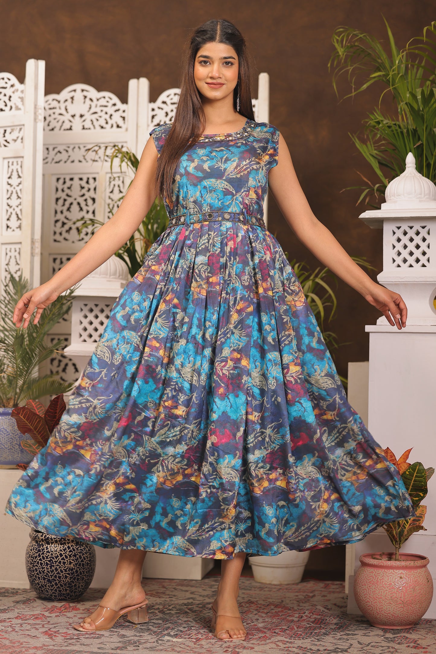 Sky Blue Chinon Dress with Belt Attached