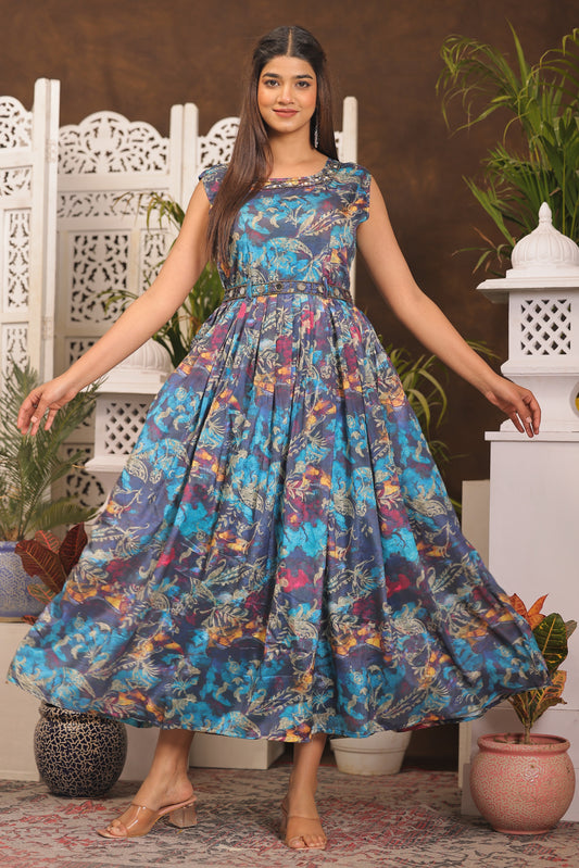 Sky Blue Chinon Dress with Belt Attached