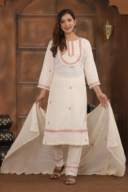 White Embroidered Cotton Kurta and Pant Set with Dupatta