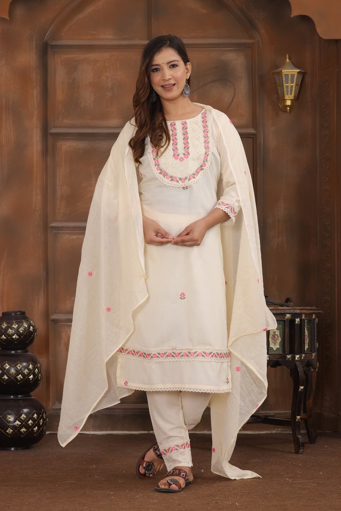 White Embroidered Cotton Kurta and Pant Set with Dupatta