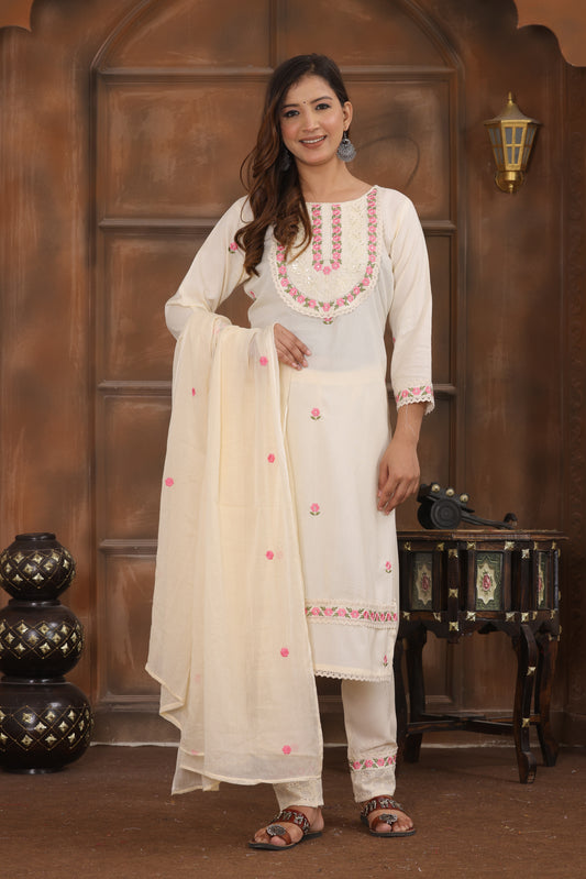 White Embroidered Cotton Kurta and Pant Set with Dupatta