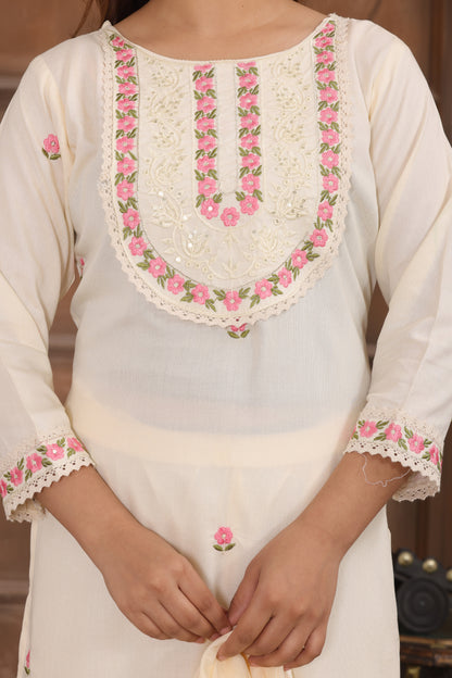 White Embroidered Cotton Kurta and Pant Set with Dupatta