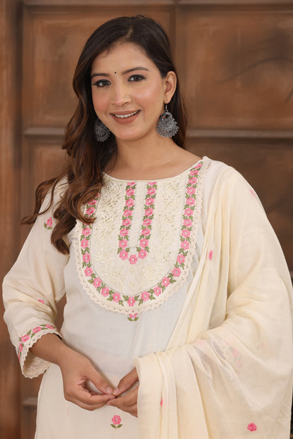 White Embroidered Cotton Kurta and Pant Set with Dupatta