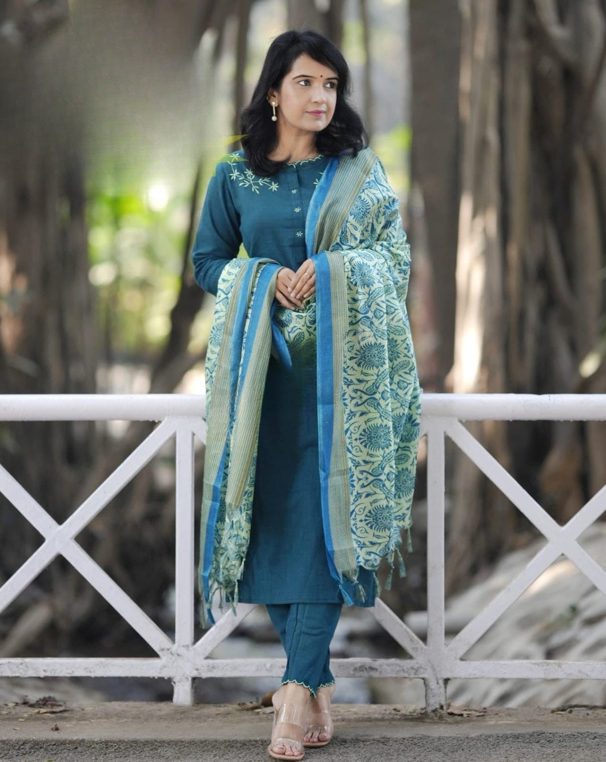 Nile Blue Embroidered Cotton Kurta and Pant Set with Dupatta